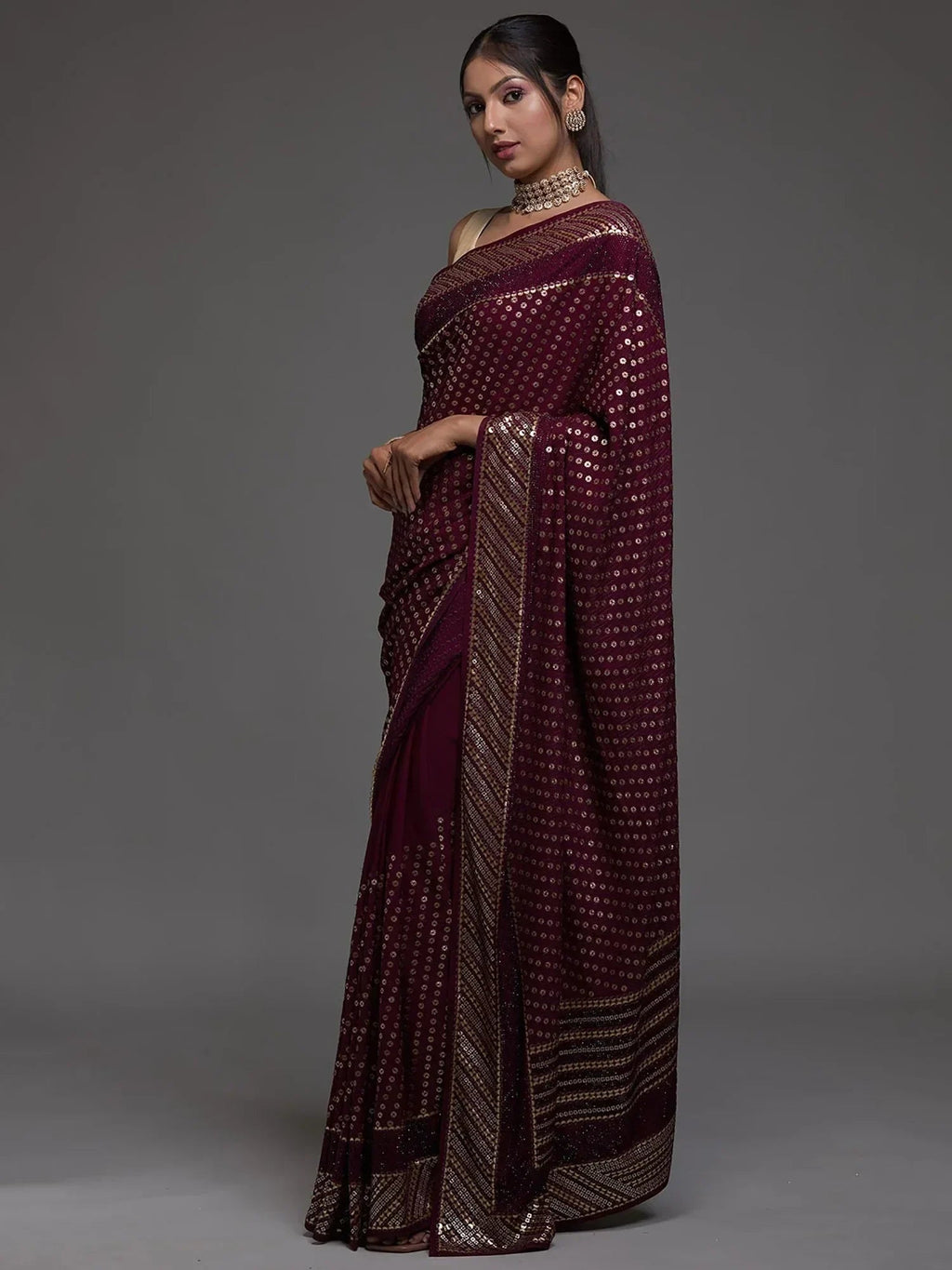 Maroon Adorable Sequins Georgette Party Wear Saree With Blouse