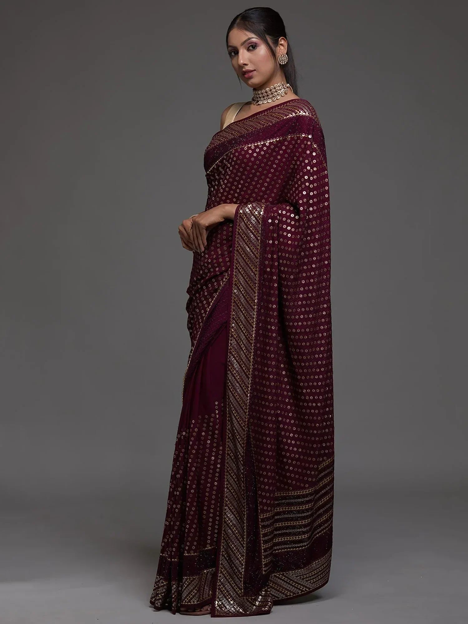 Maroon Adorable Sequins Georgette Party Wear Saree With Blouse