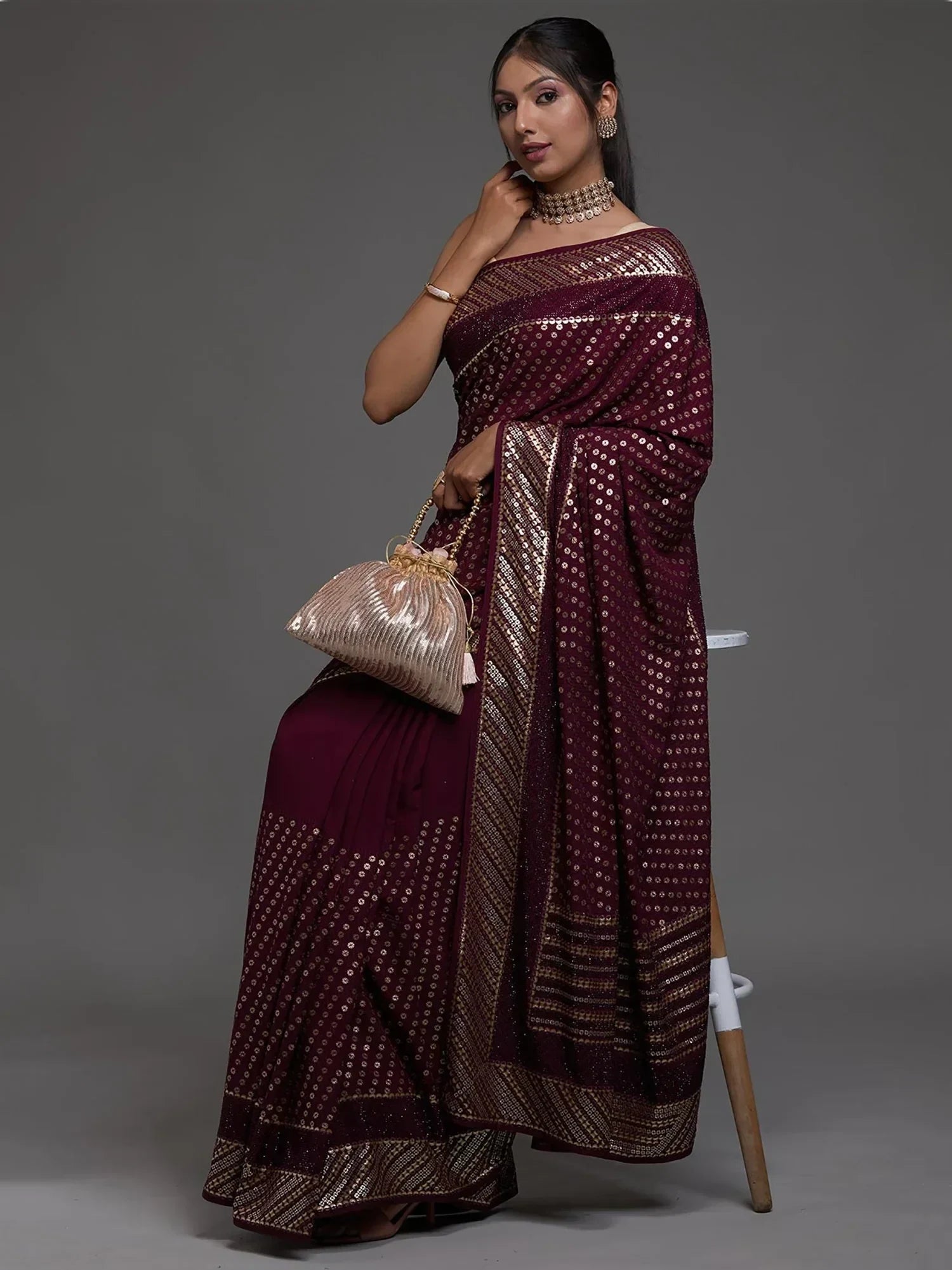 Maroon Adorable Sequins Georgette Party Wear Saree With Blouse