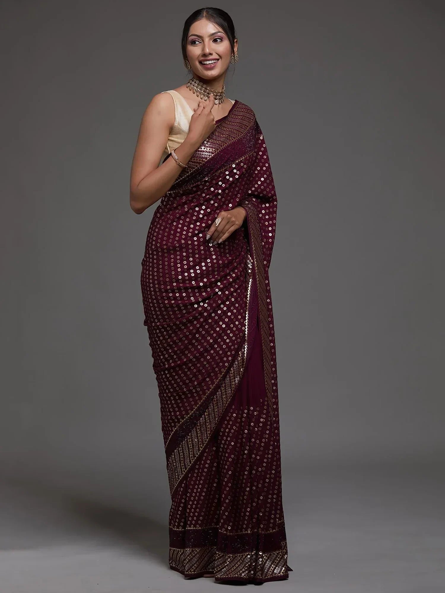Maroon Adorable Sequins Georgette Party Wear Saree With Blouse