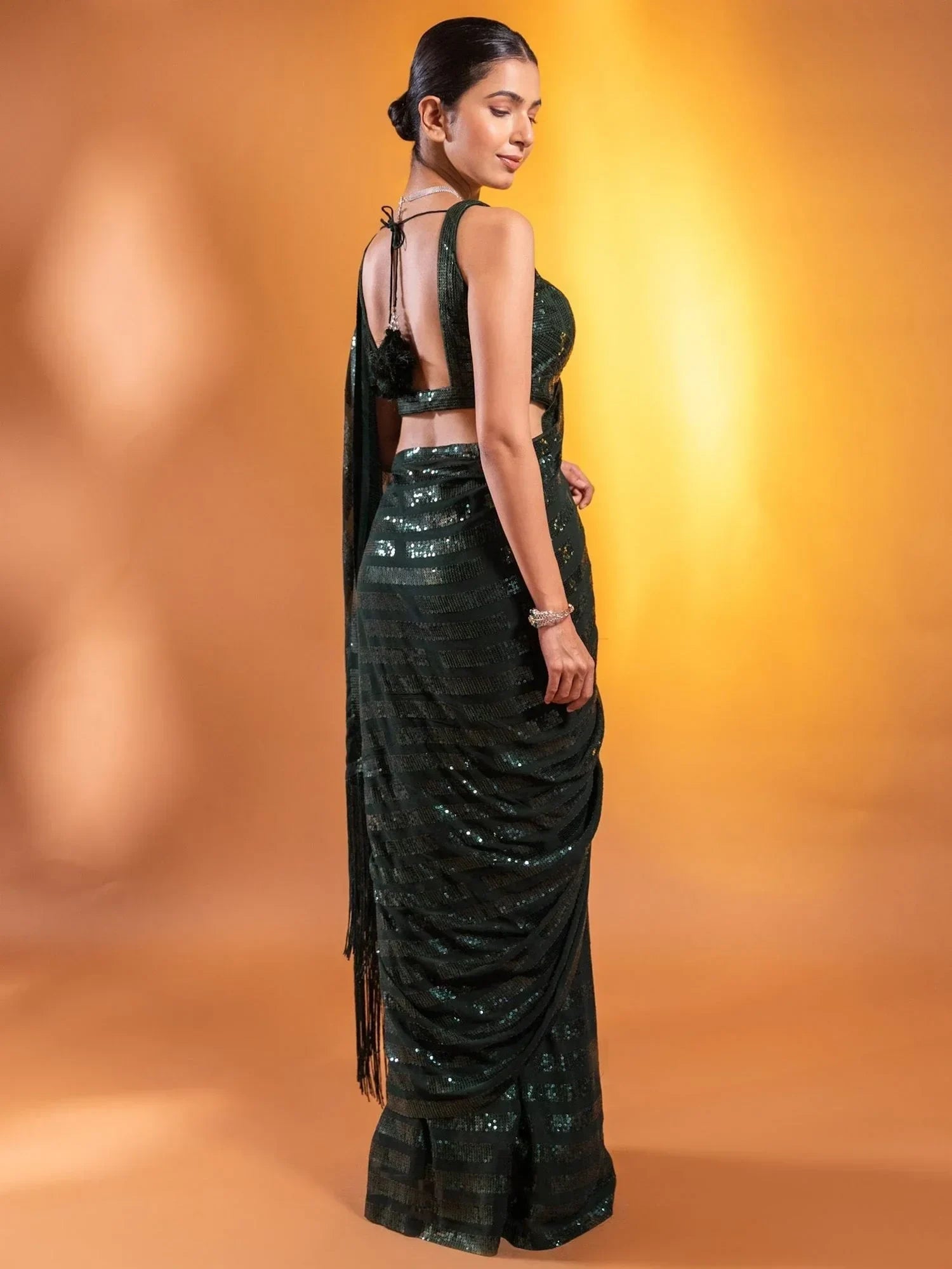 Green Exquisite Sequins Georgette Festival Wear Saree With Blouse