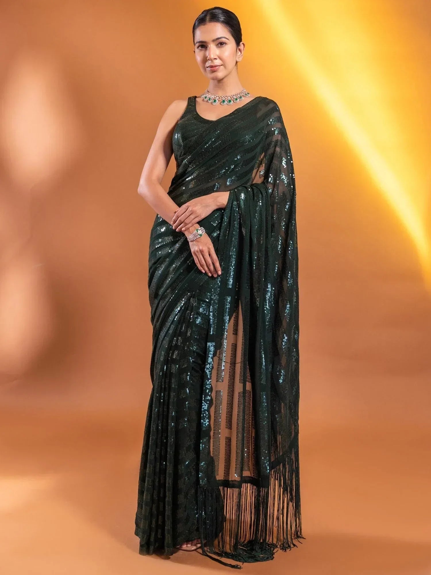 Green Exquisite Sequins Georgette Festival Wear Saree With Blouse