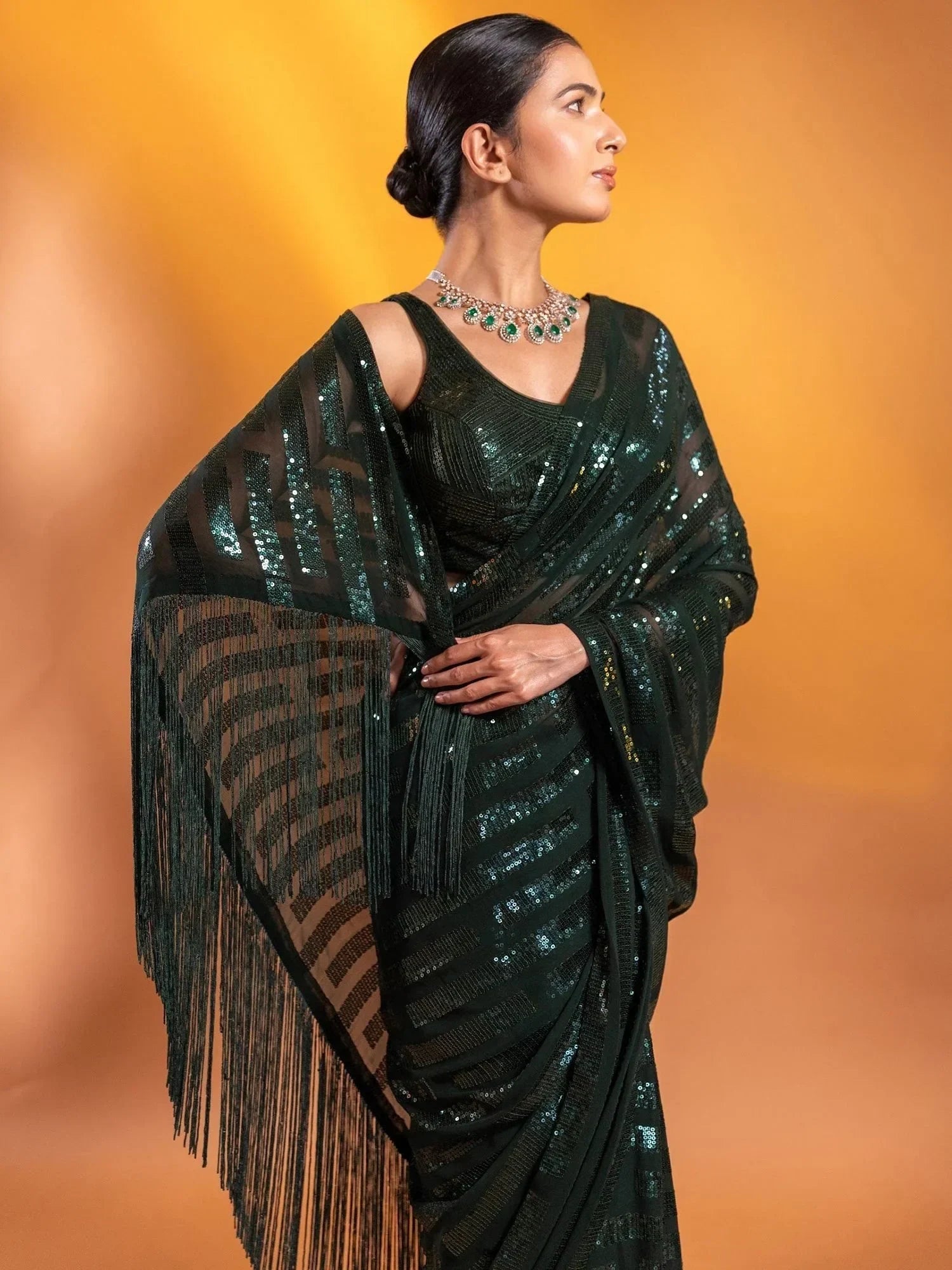 Green Exquisite Sequins Georgette Festival Wear Saree With Blouse