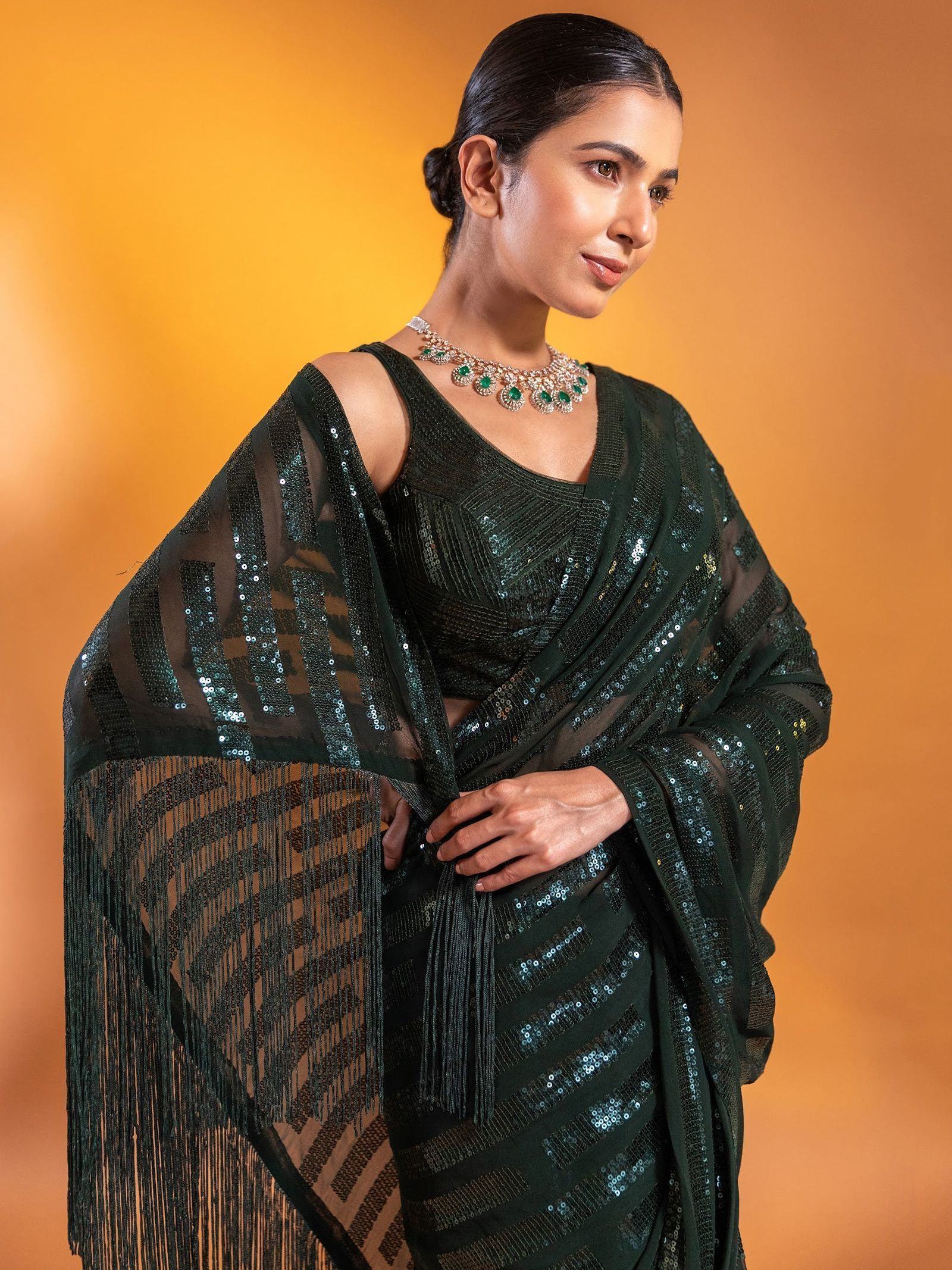 Green Exquisite Sequins Georgette Festival Wear Saree With Blouse