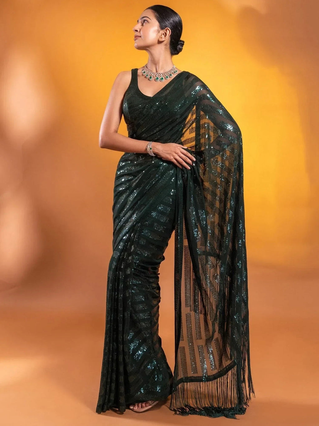 Green Exquisite Sequins Georgette Festival Wear Saree With Blouse