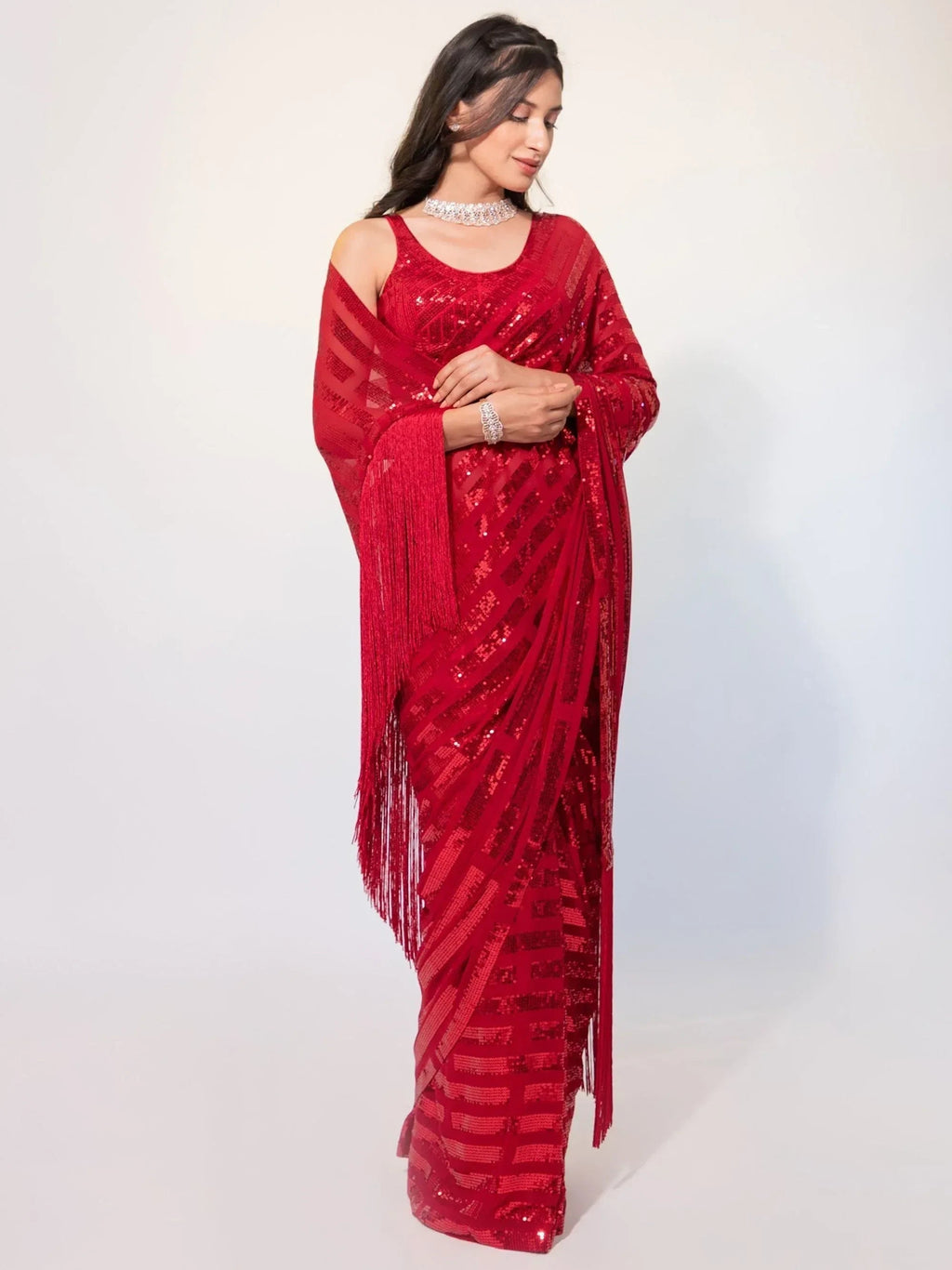 Red Exquisite Sequins Georgette Festival Wear Saree With Blouse