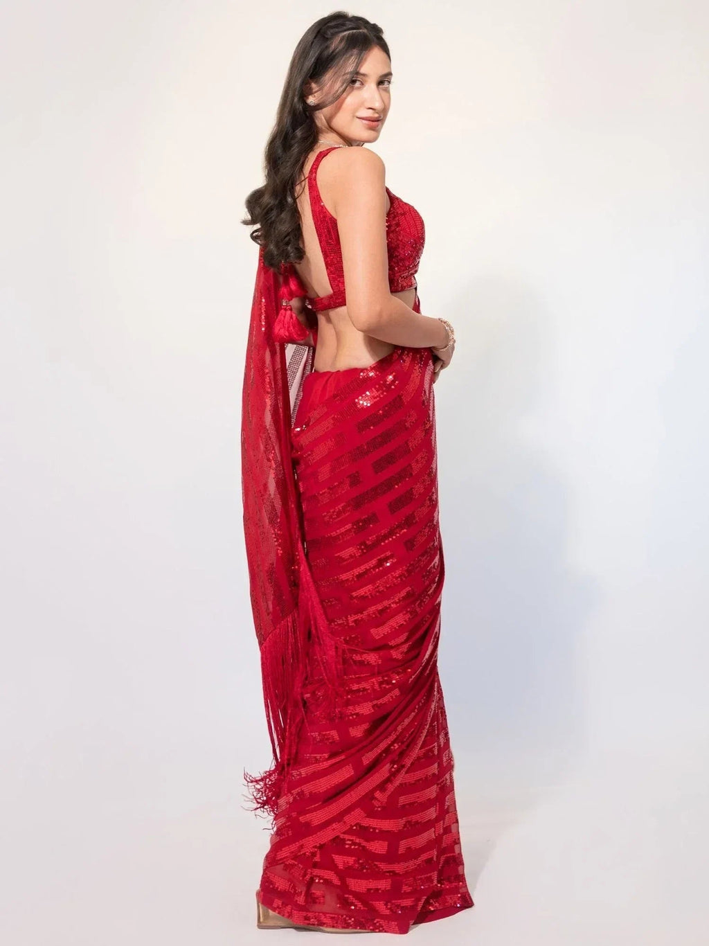 Red Exquisite Sequins Georgette Festival Wear Saree With Blouse