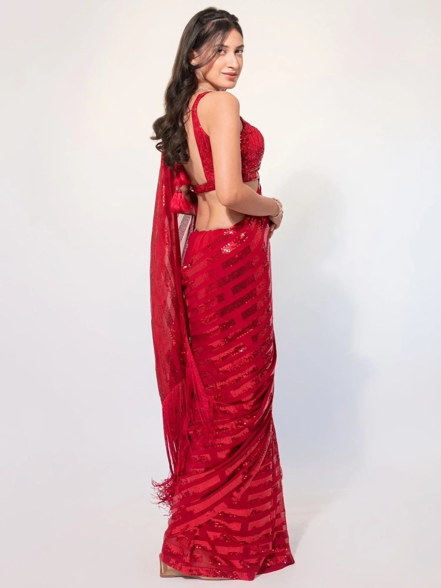 Red Exquisite Sequins Georgette Festival Wear Saree With Blouse