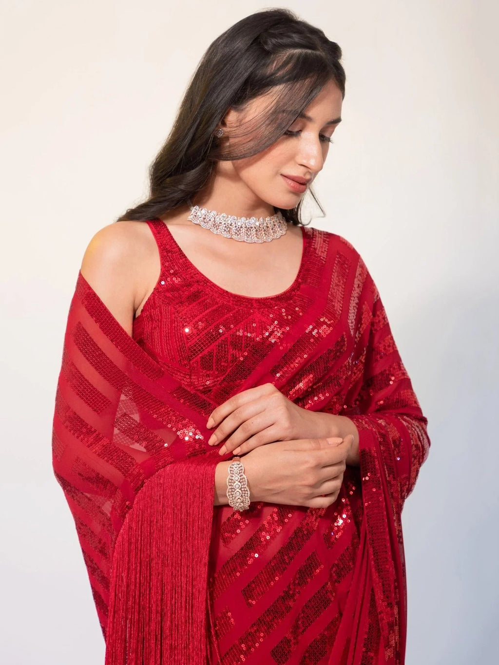 Red Exquisite Sequins Georgette Festival Wear Saree With Blouse