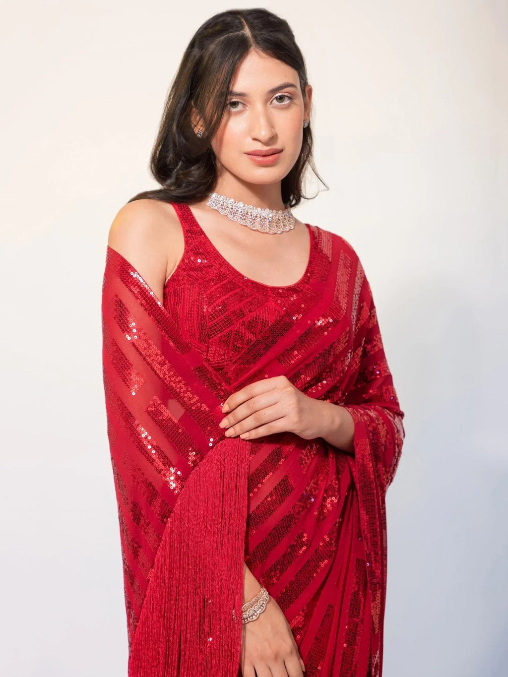 Red Exquisite Sequins Georgette Festival Wear Saree With Blouse