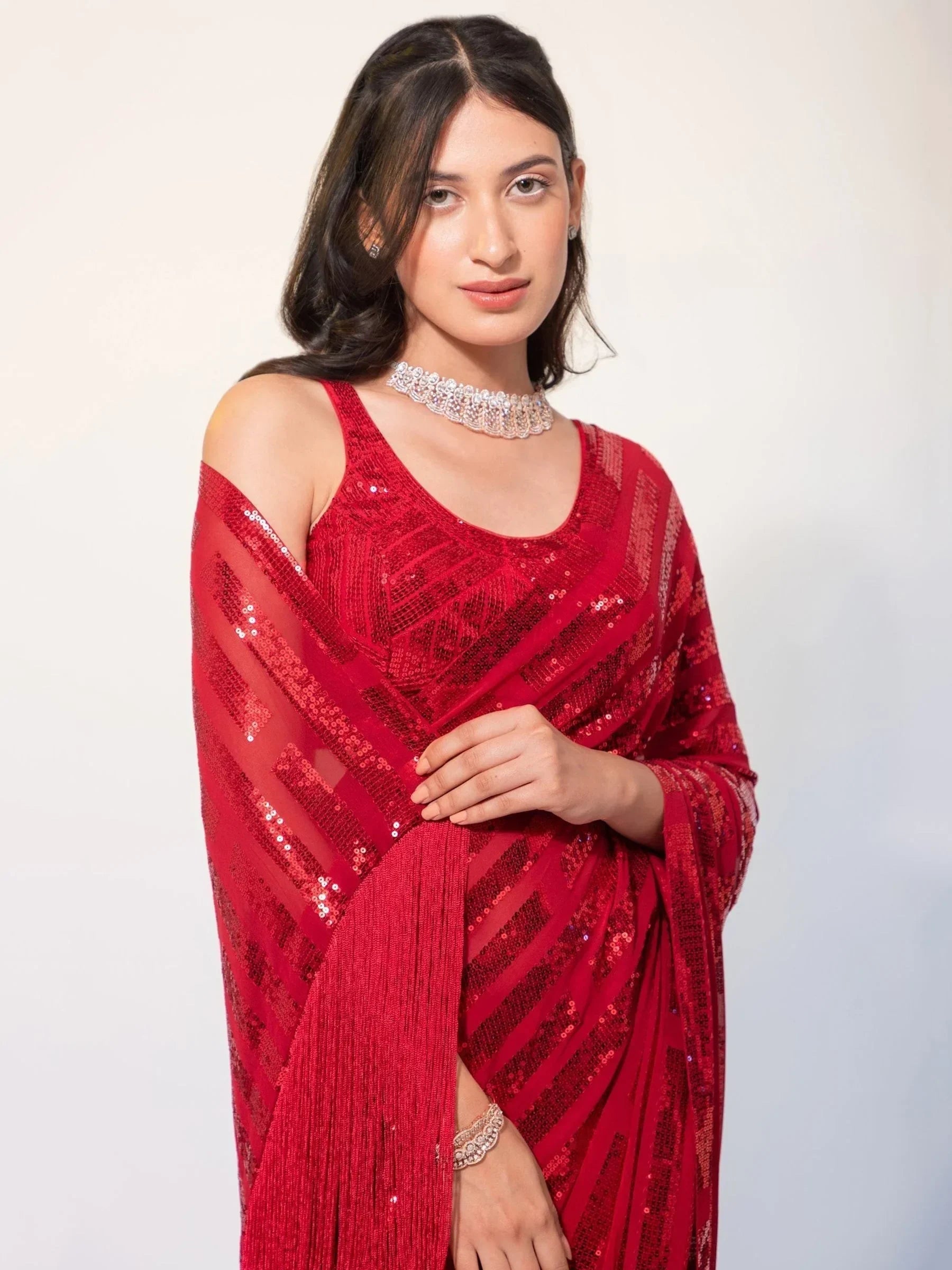 Red Exquisite Sequins Georgette Festival Wear Saree With Blouse