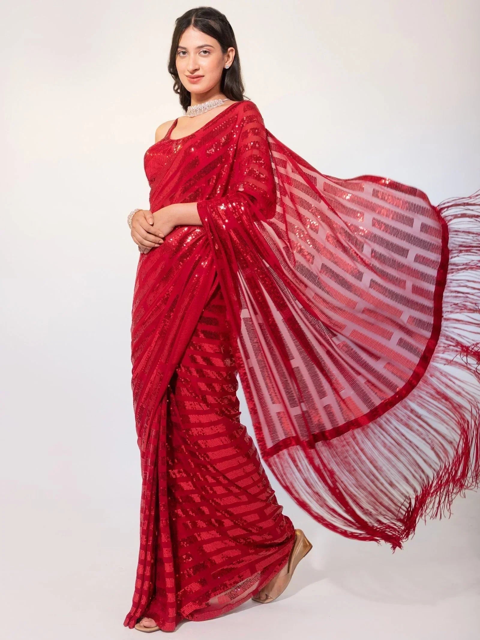 Red Exquisite Sequins Georgette Festival Wear Saree With Blouse