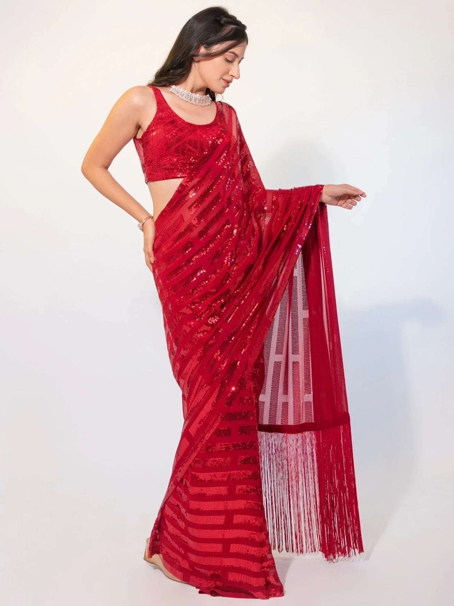 Red Exquisite Sequins Georgette Festival Wear Saree With Blouse