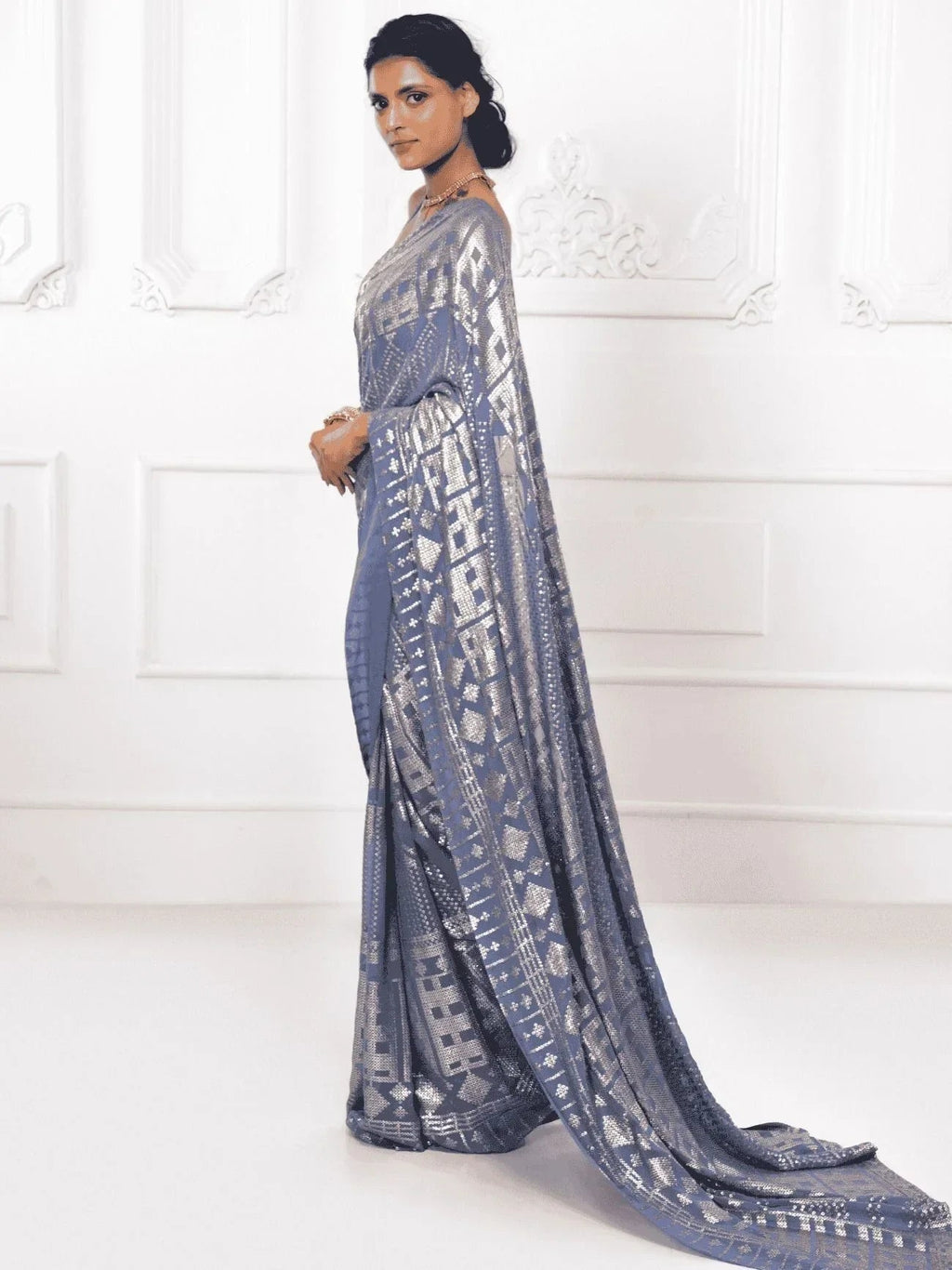 Grey Enchanting Sequins Georgette Event Wear Saree With Blouse