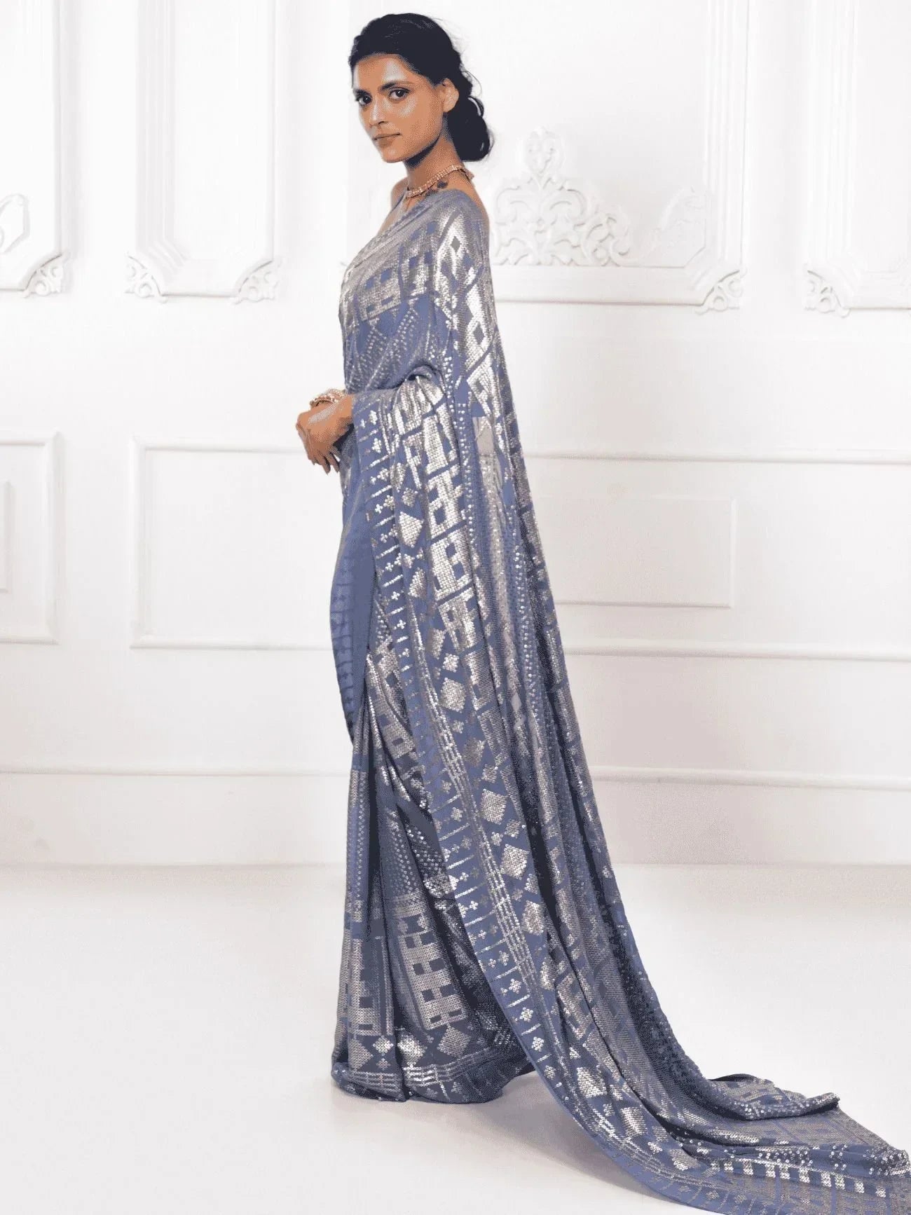 Grey Enchanting Sequins Georgette Event Wear Saree With Blouse