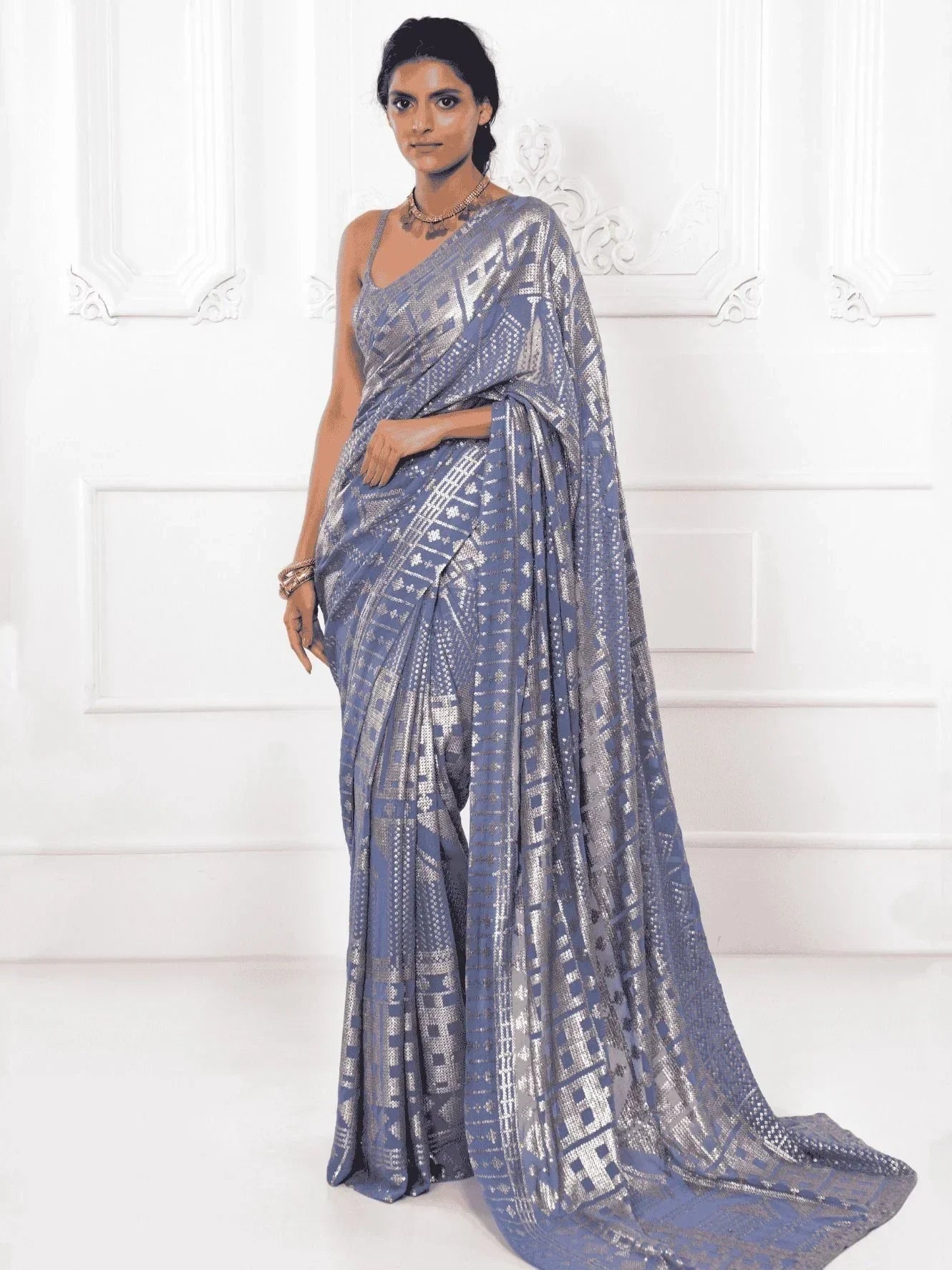 Grey Enchanting Sequins Georgette Event Wear Saree With Blouse
