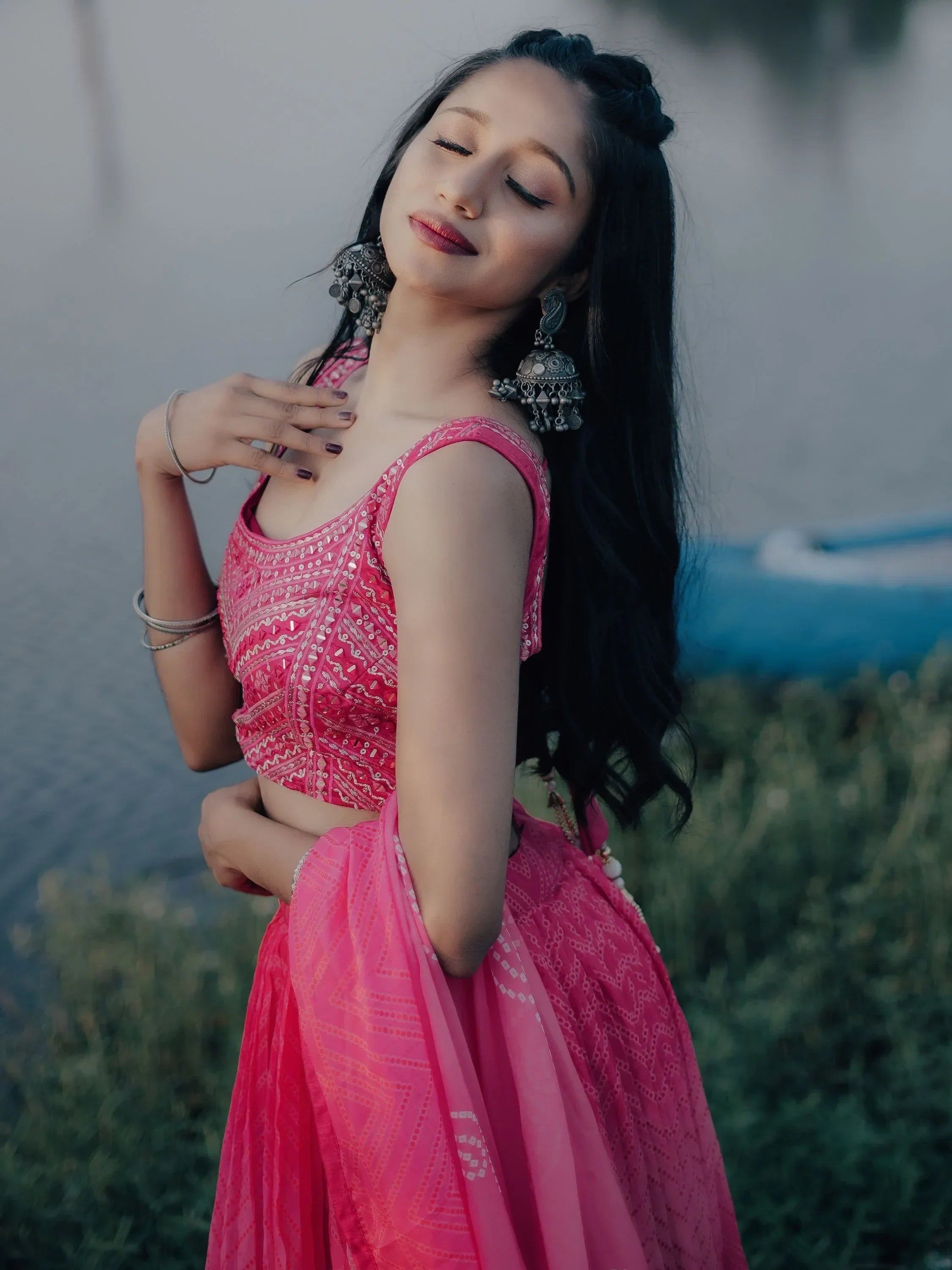 Stunning Pink Digital Printed Organza Engagement Wear Lehenga Choli