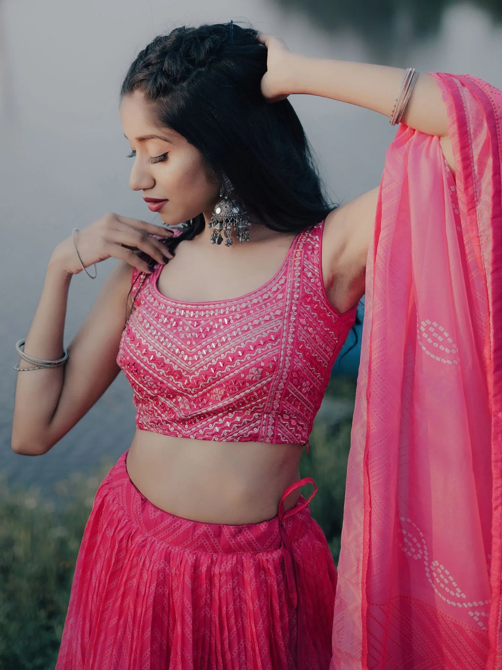 Stunning Pink Digital Printed Organza Engagement Wear Lehenga Choli