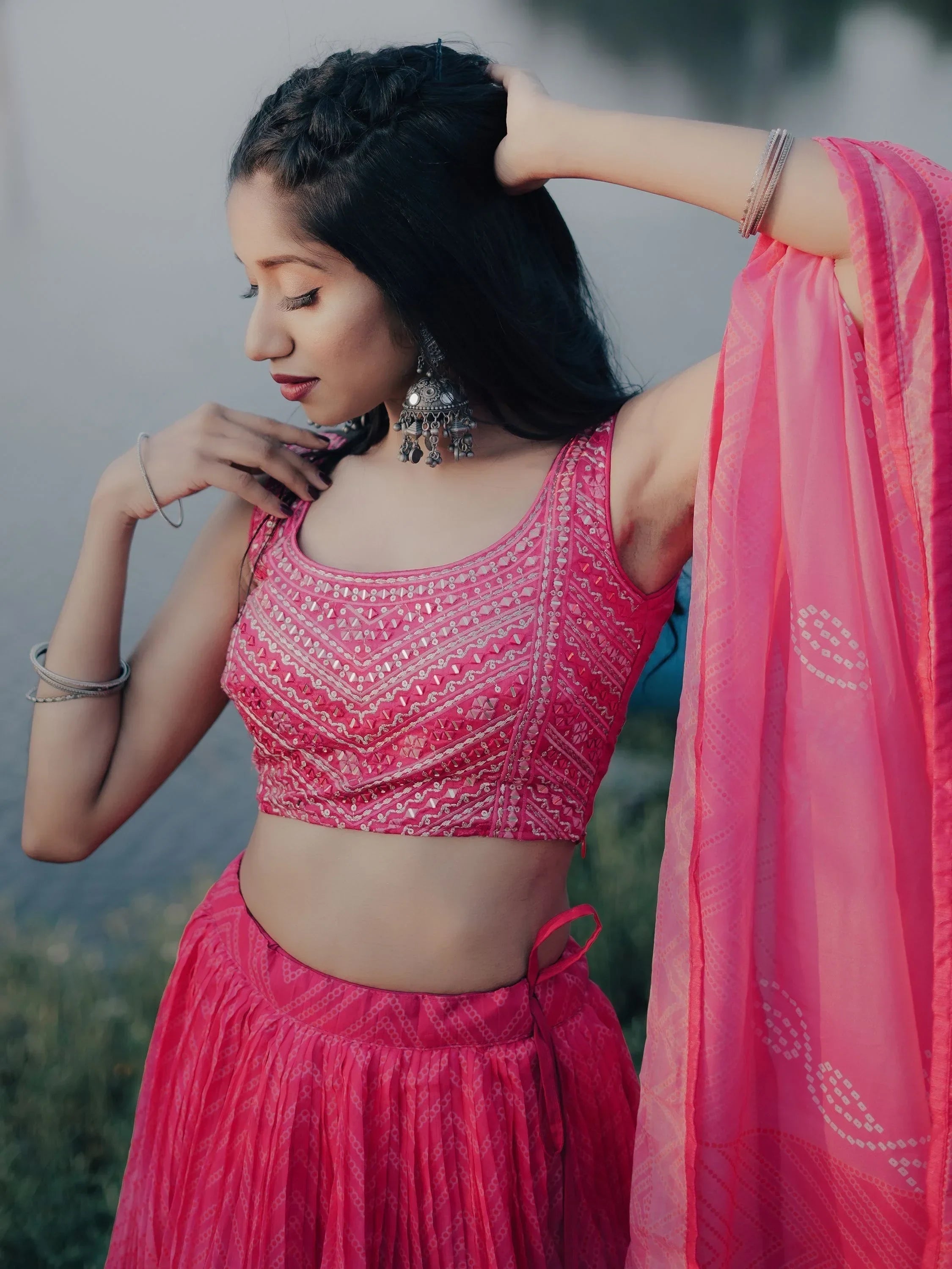 Stunning Pink Digital Printed Organza Engagement Wear Lehenga Choli