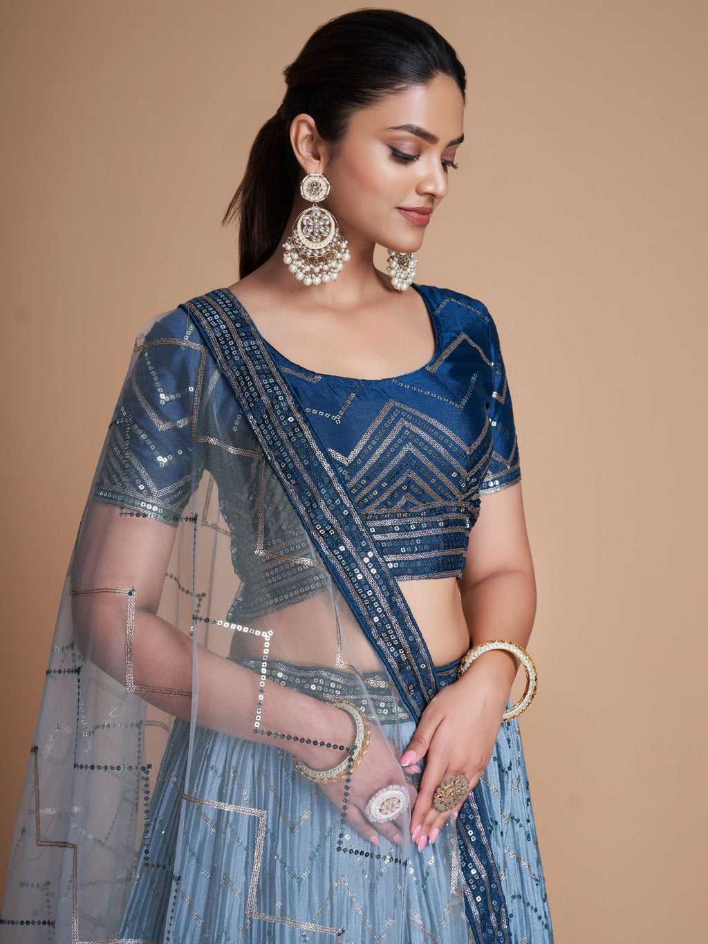 Adorable Blue Sequins Chinon Sangeet Wear Lehenga Choli With Dupatta