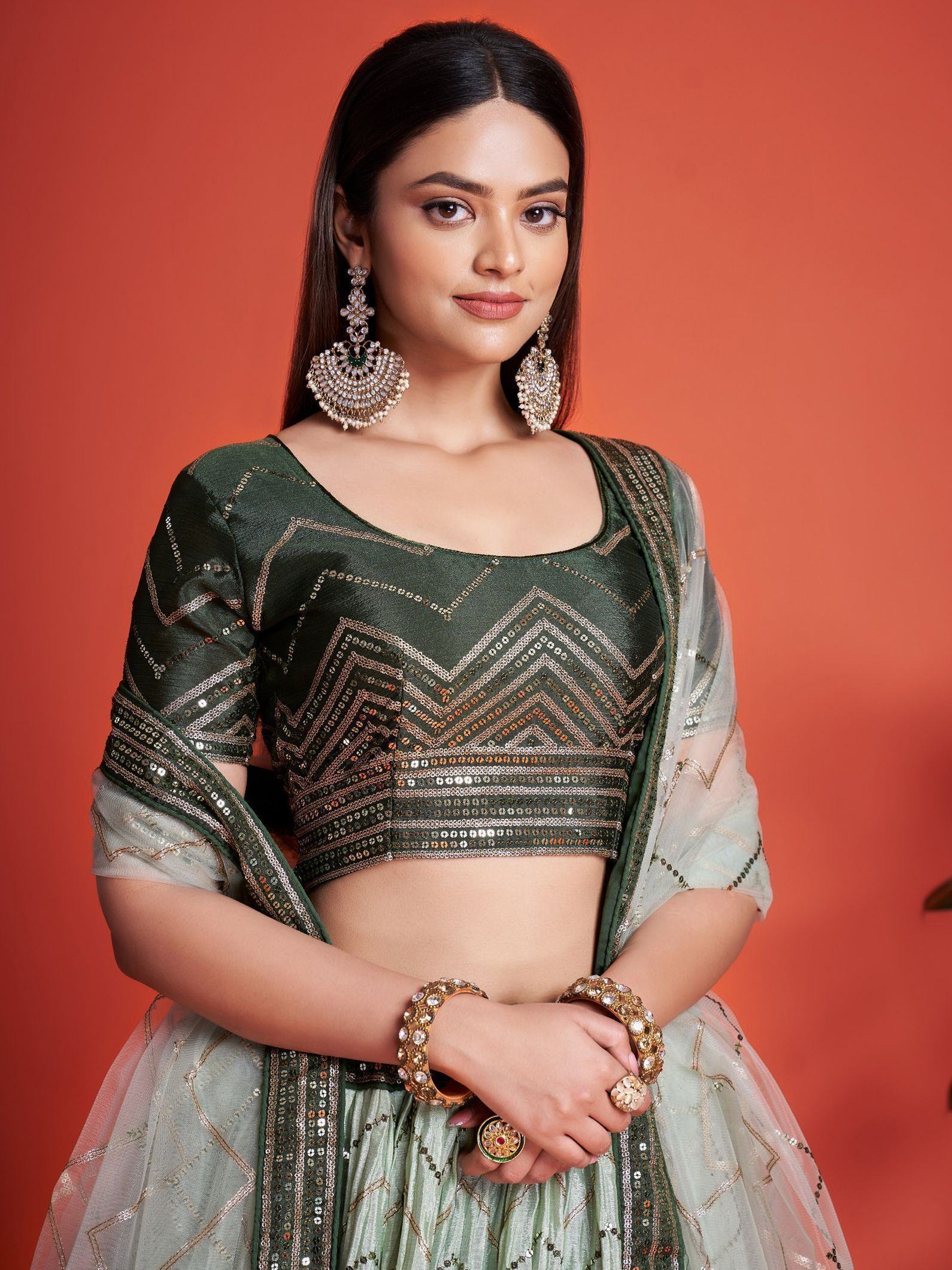 Alluring Green Sequins Chinon Mehendi Wear Lehenga Choli With Dupatta