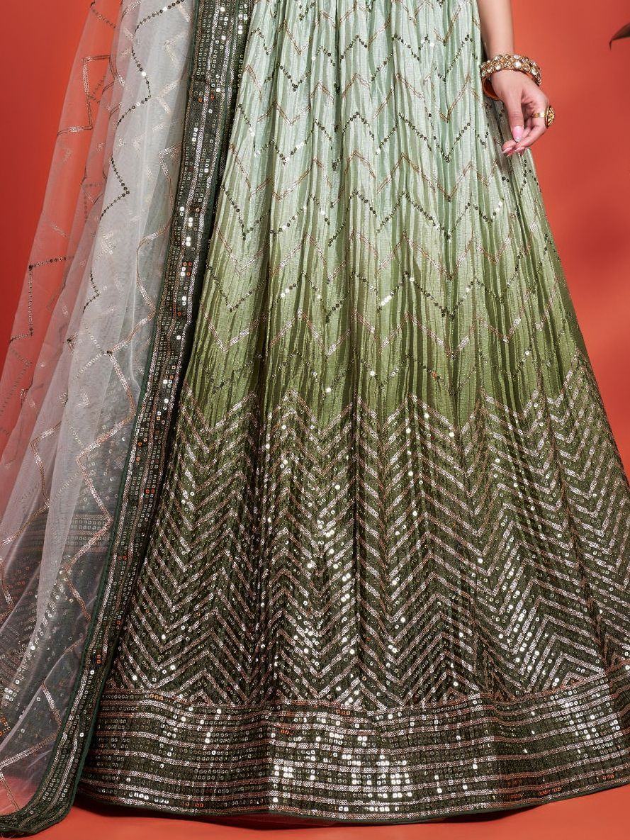 Alluring Green Sequins Chinon Mehendi Wear Lehenga Choli With Dupatta