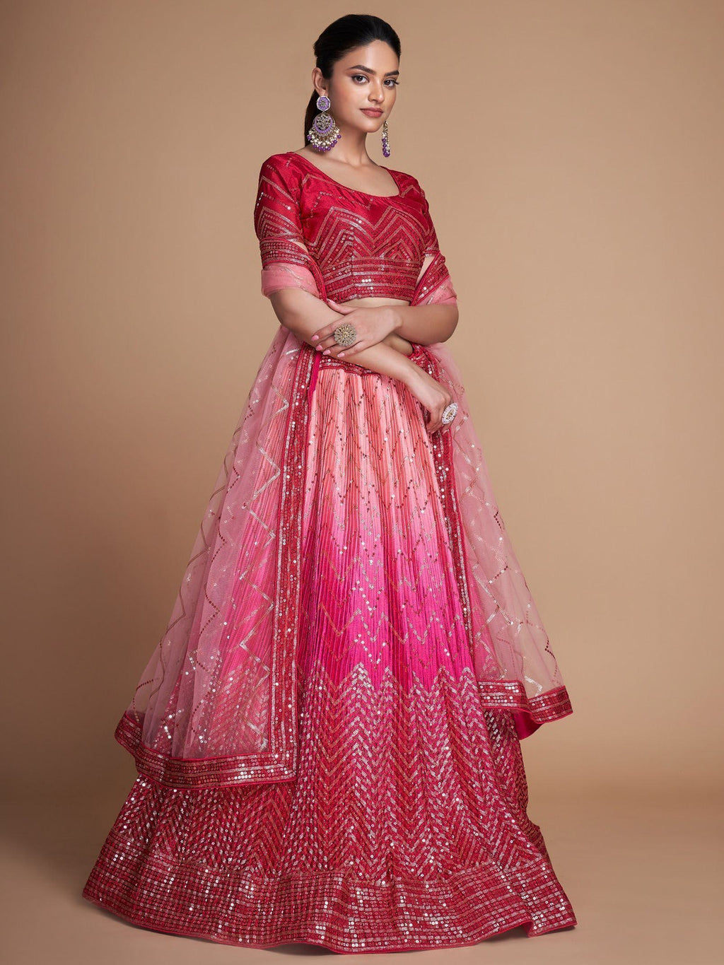 Gorgeous Pink Sequins Chinon Bridesmaid Lehenga Choli With Dupatta