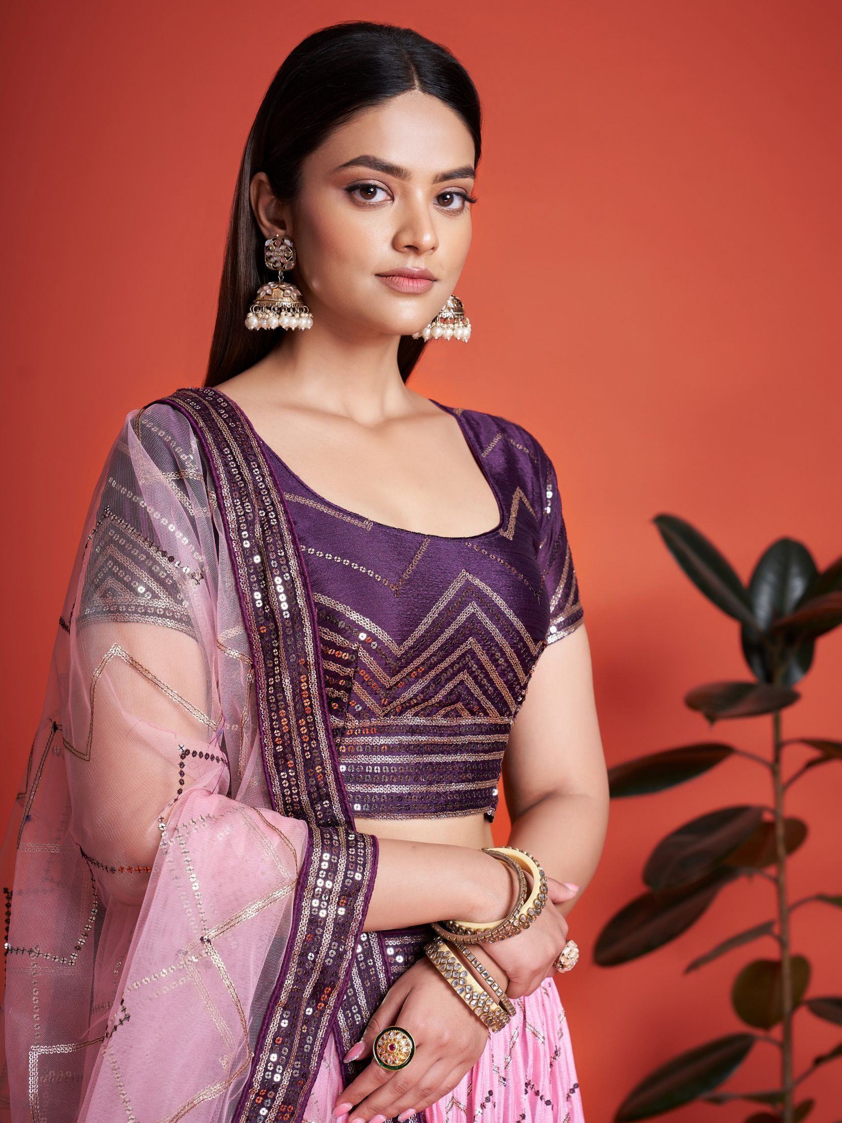 Captivating Purple Sequins Chinon Function Wear Lehenga Choli