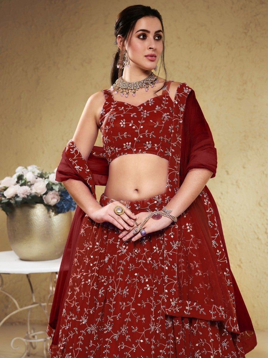 Red Wonderful Embroidered Georgette Designer Lehenga Choli