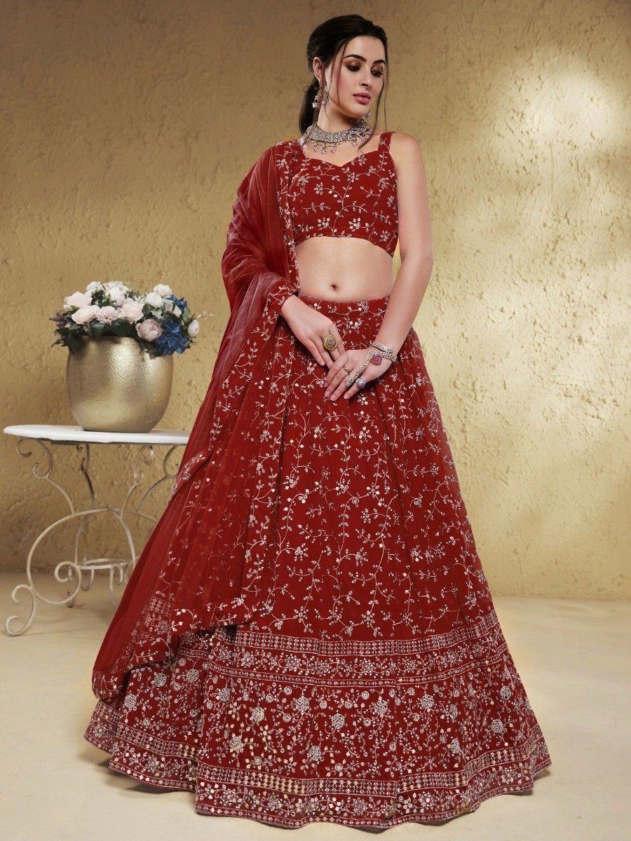 Red Wonderful Embroidered Georgette Designer Lehenga Choli