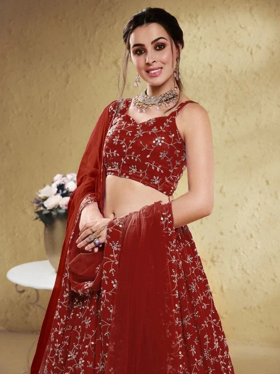 Red Wonderful Embroidered Georgette Designer Lehenga Choli