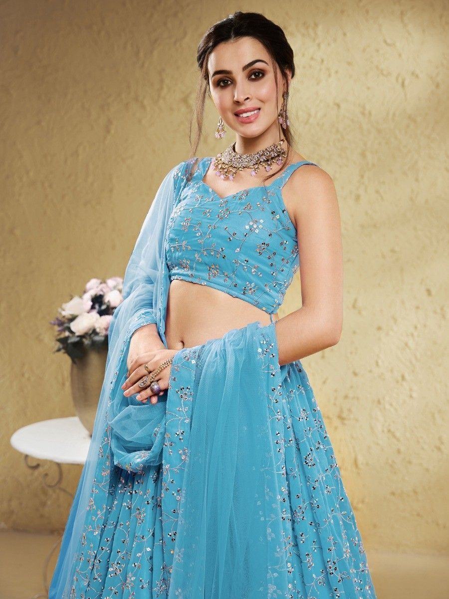 Sky Blue Wonderful Embroidered Georgette Designer Lehenga Choli