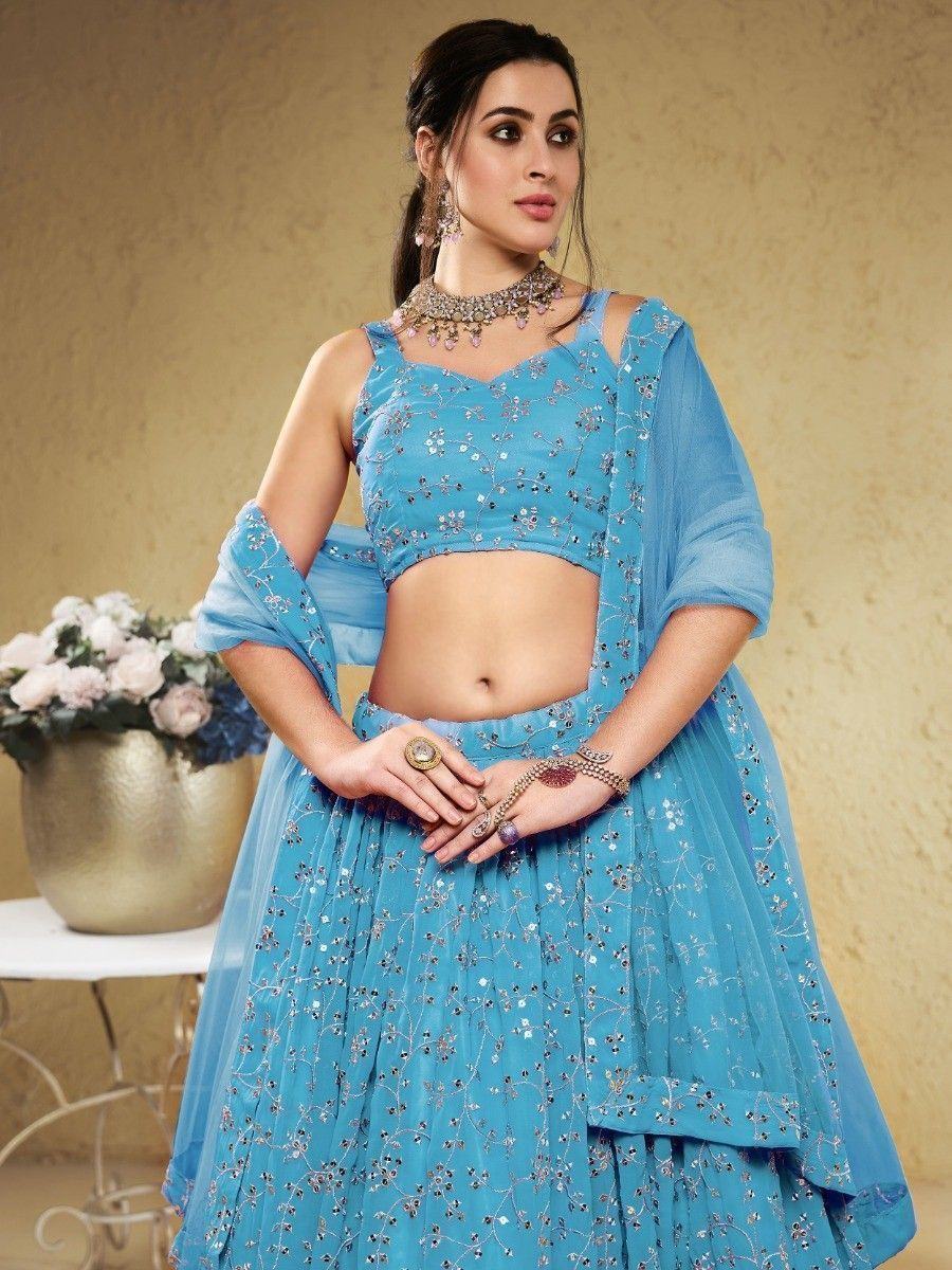 Sky Blue Wonderful Embroidered Georgette Designer Lehenga Choli