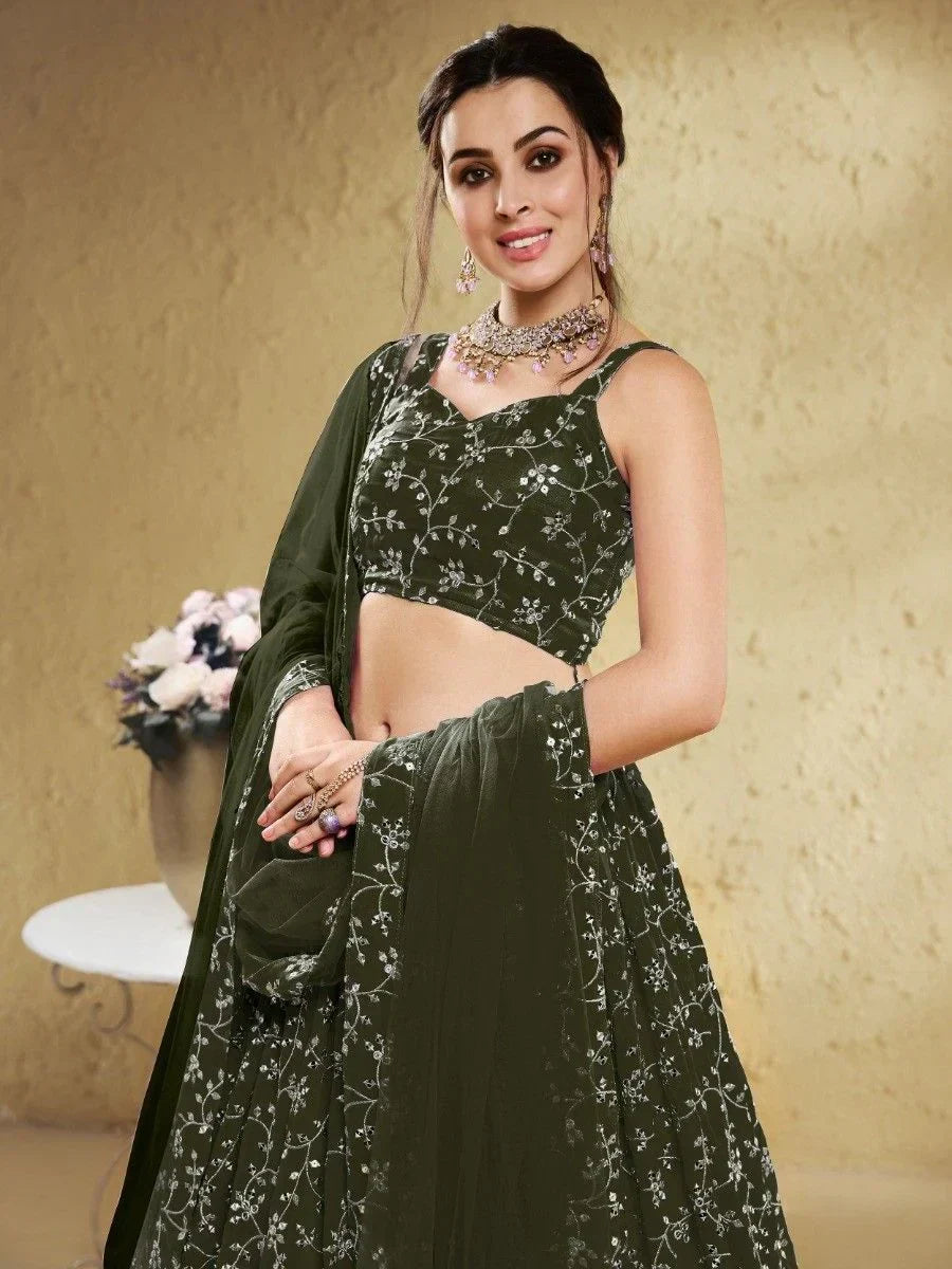 Green Wonderful Embroidered Georgette Designer Lehenga Choli