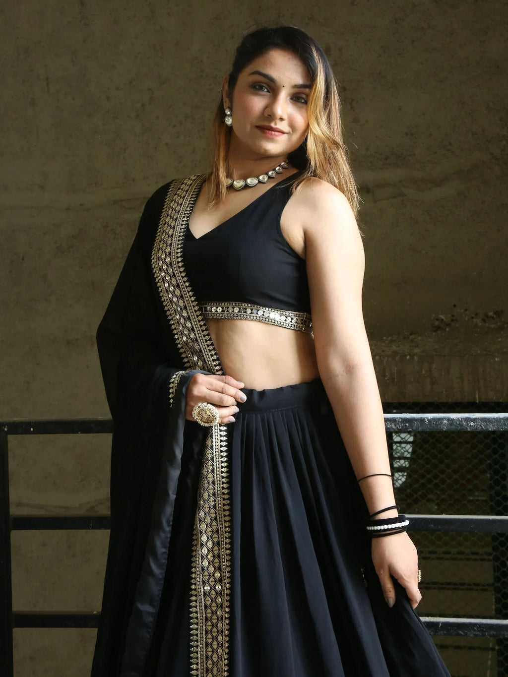 Pretty Black Heavy Lace Work Georgette Reception Wear Lehenga Choli