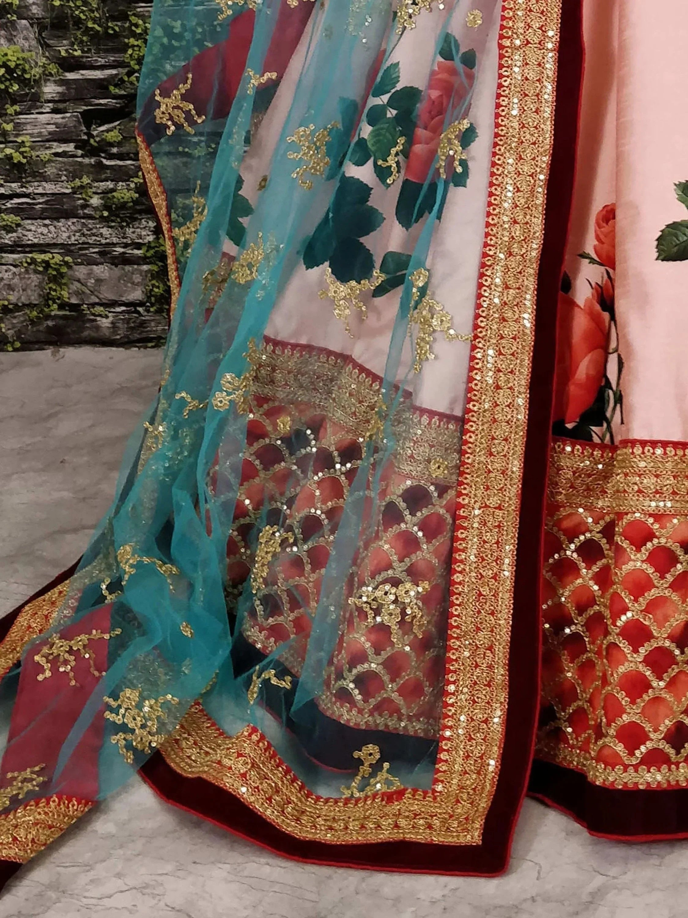Sabyasachi Pink Rose Digital Floral Print Silk Lehenga Choli