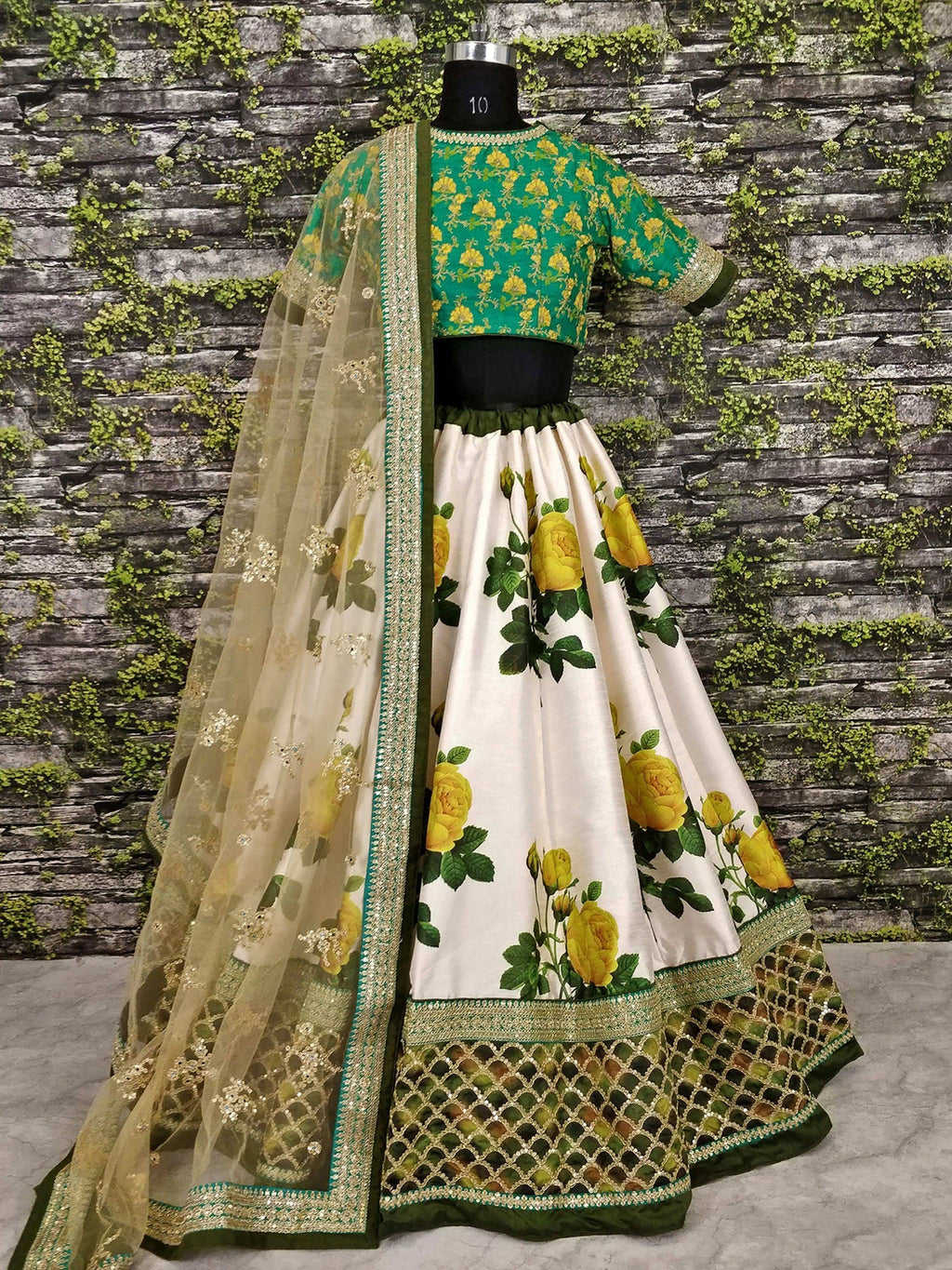 Off White Coloured & Embroidered Semi-Stitched Myntra Lehenga & Unstitched Blouse with Dupatta