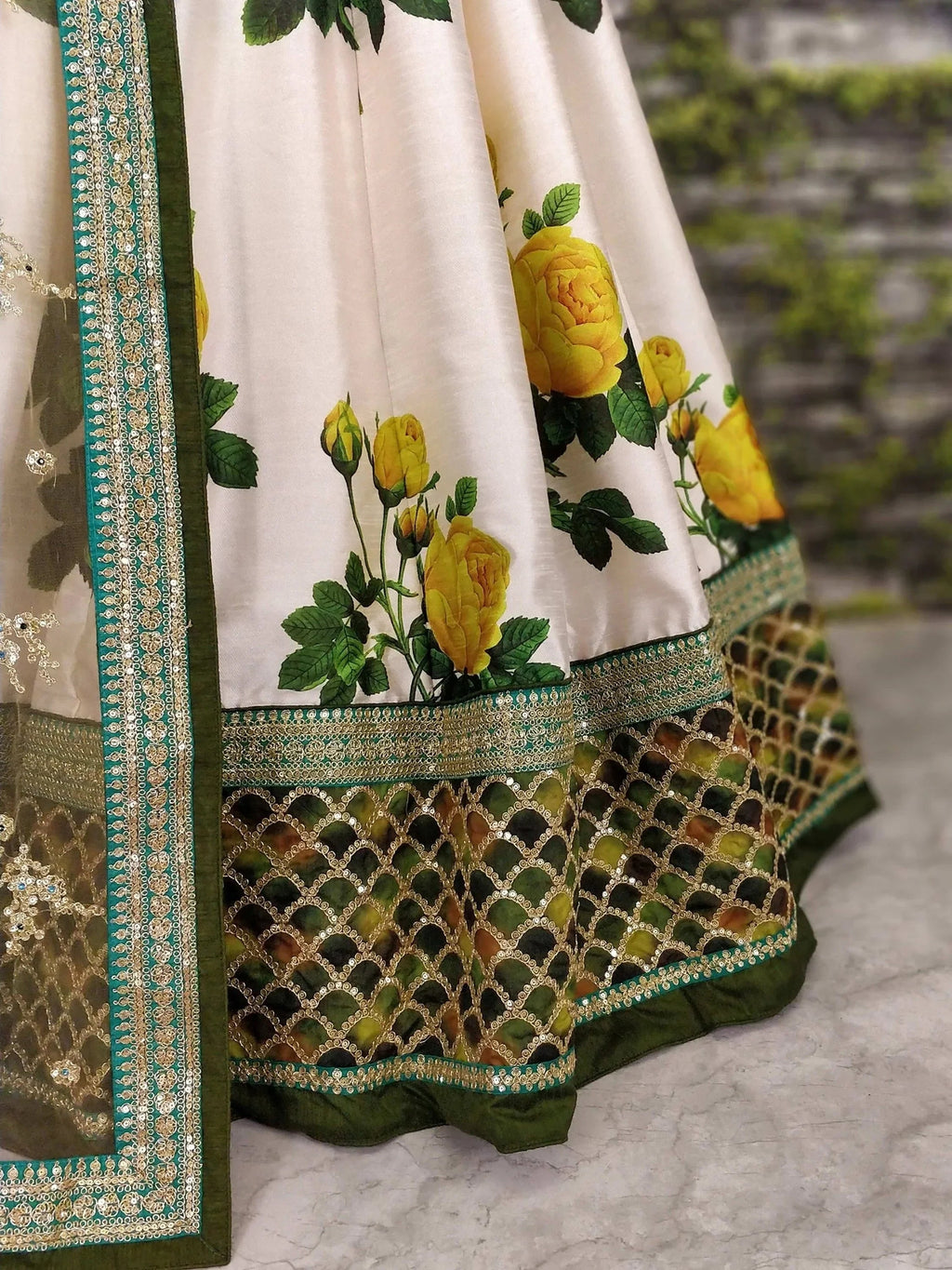 Off White Coloured & Embroidered Semi-Stitched Myntra Lehenga & Unstitched Blouse with Dupatta