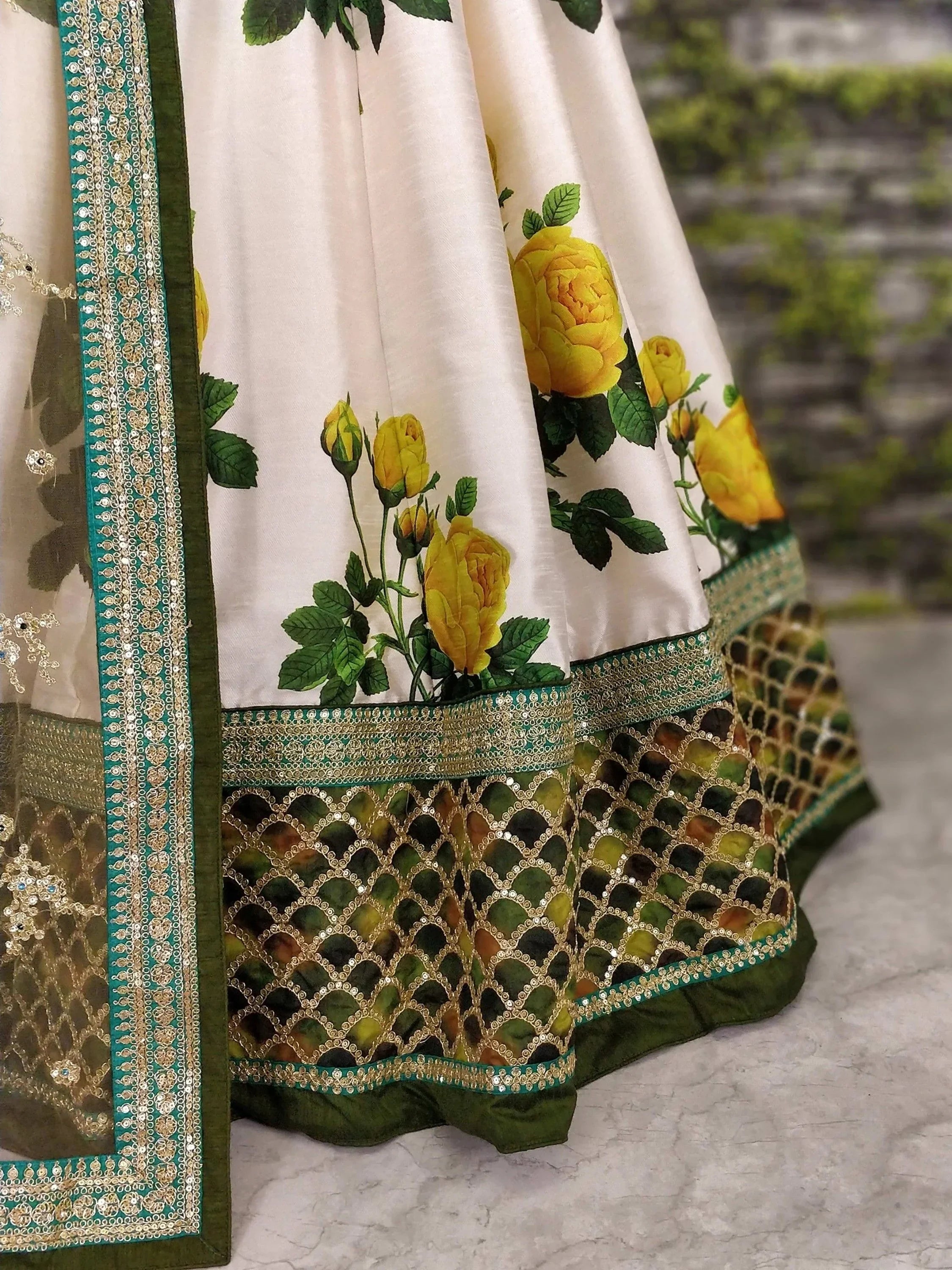 Off White Coloured & Embroidered Semi-Stitched Myntra Lehenga & Unstitched Blouse with Dupatta