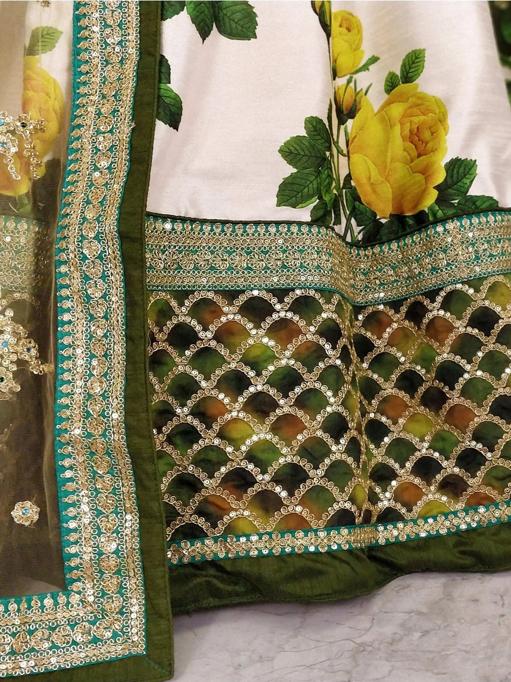 Off White Coloured & Embroidered Semi-Stitched Myntra Lehenga & Unstitched Blouse with Dupatta