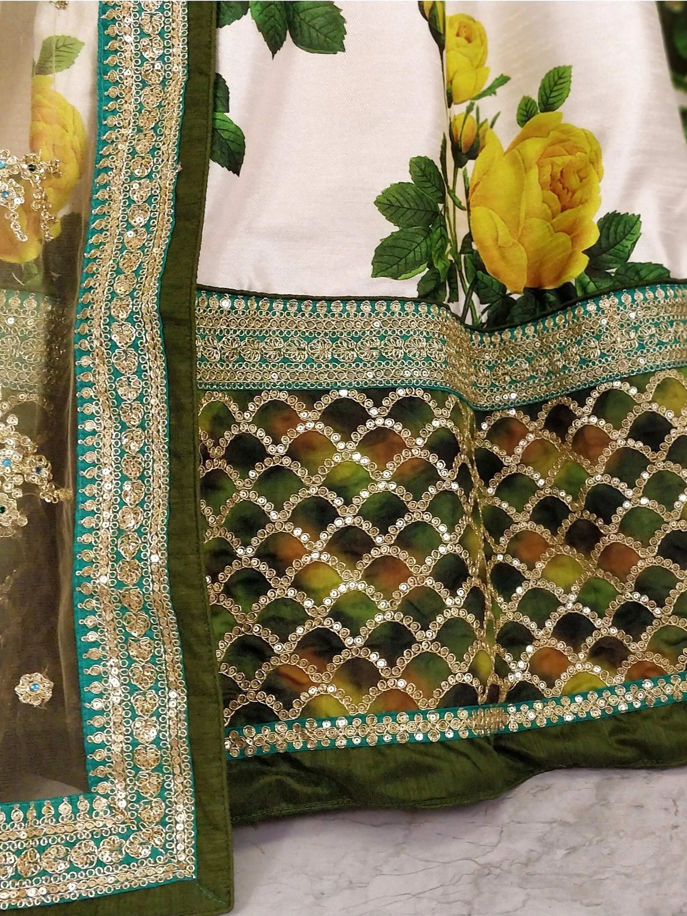 Off White Coloured & Embroidered Semi-Stitched Myntra Lehenga & Unstitched Blouse with Dupatta