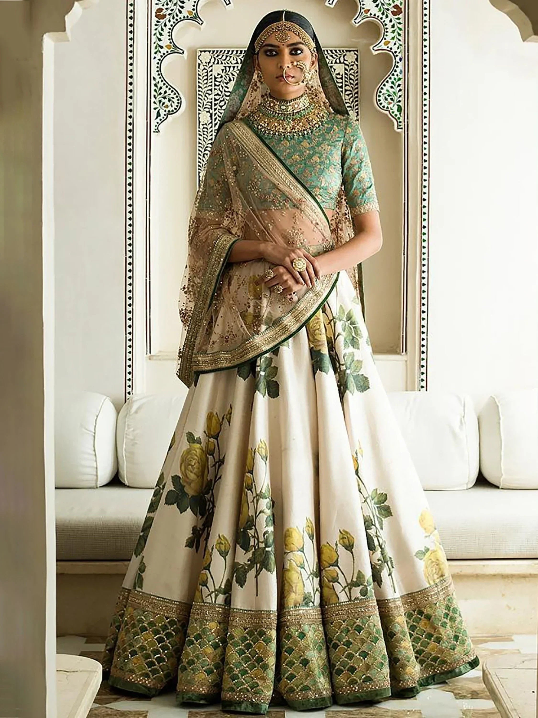 Off White Coloured & Embroidered Semi-Stitched Myntra Lehenga & Unstitched Blouse with Dupatta