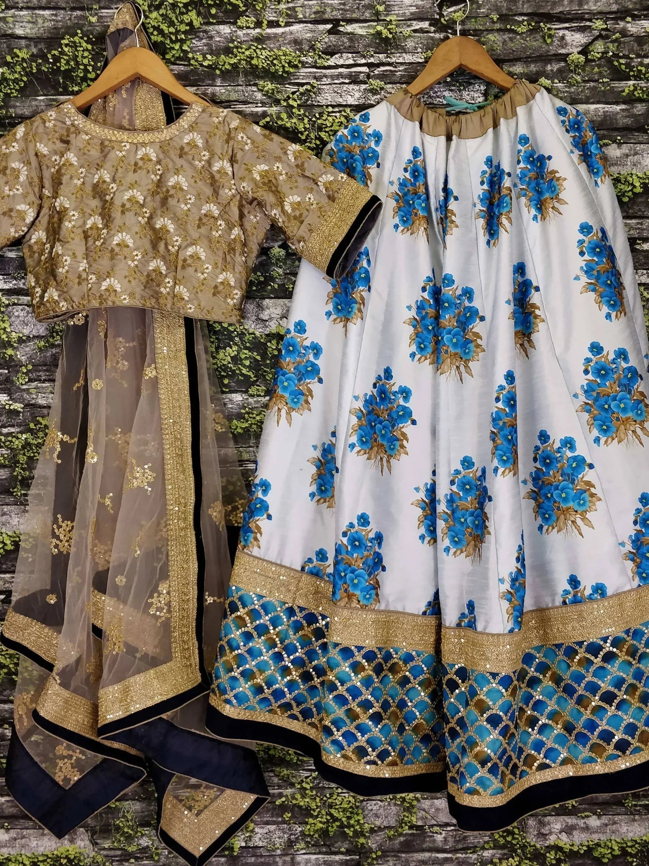 Off White & Taupe Embroidered Semi-Stitched Myntra Lehenga & Unstitched Blouse with Dupatta