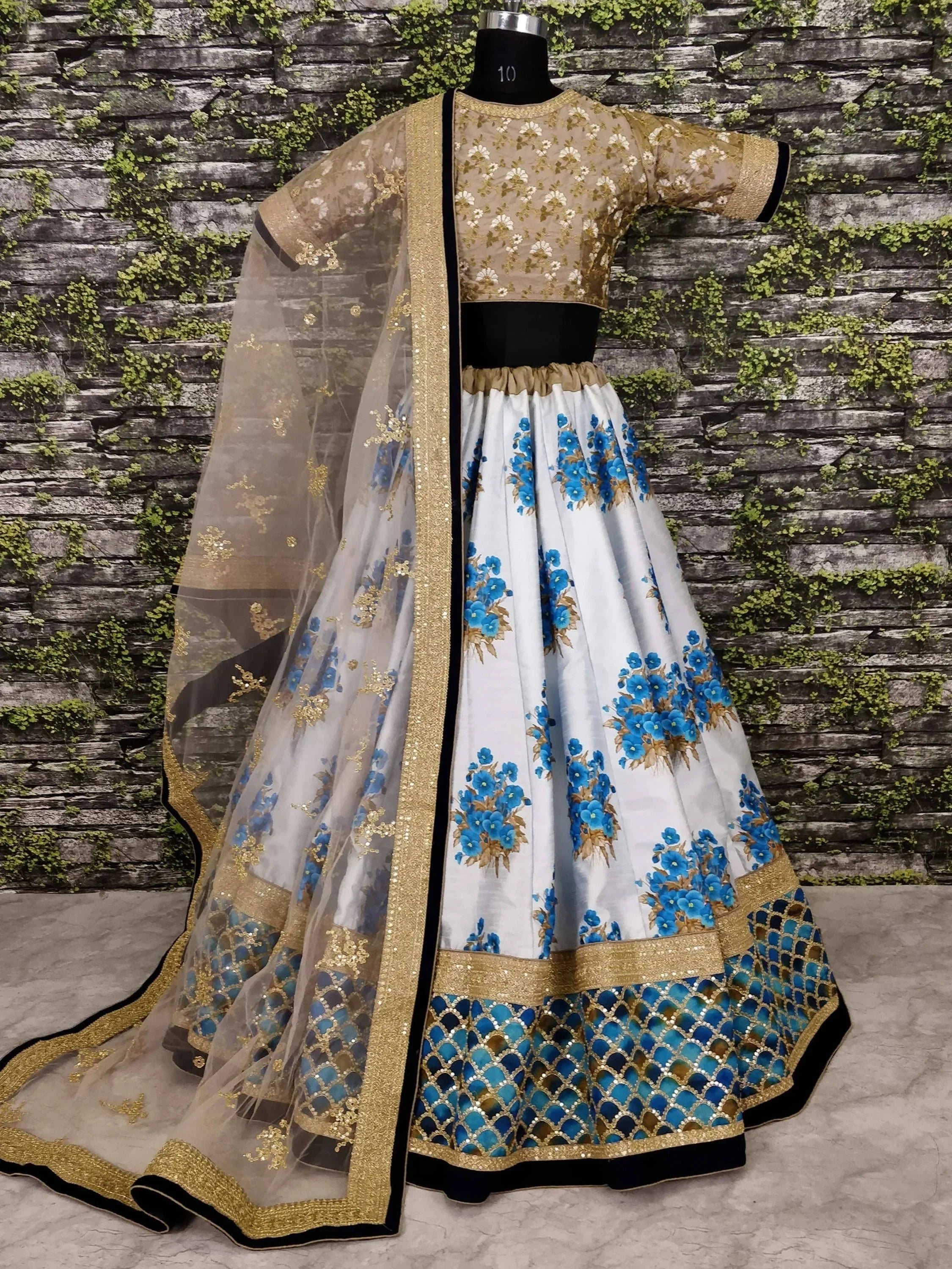 Off White & Taupe Embroidered Semi-Stitched Myntra Lehenga & Unstitched Blouse with Dupatta