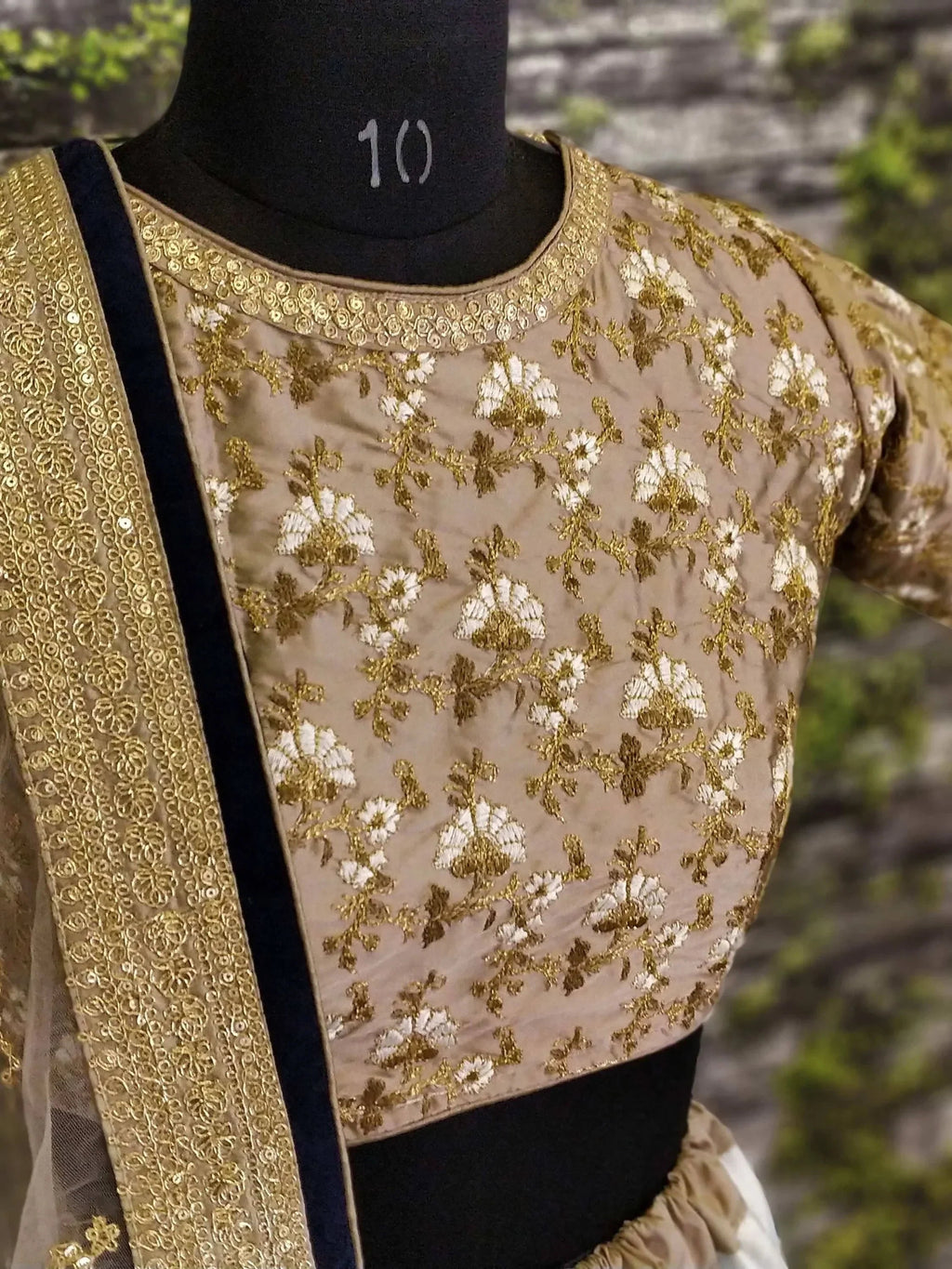 Off White & Taupe Embroidered Semi-Stitched Myntra Lehenga & Unstitched Blouse with Dupatta