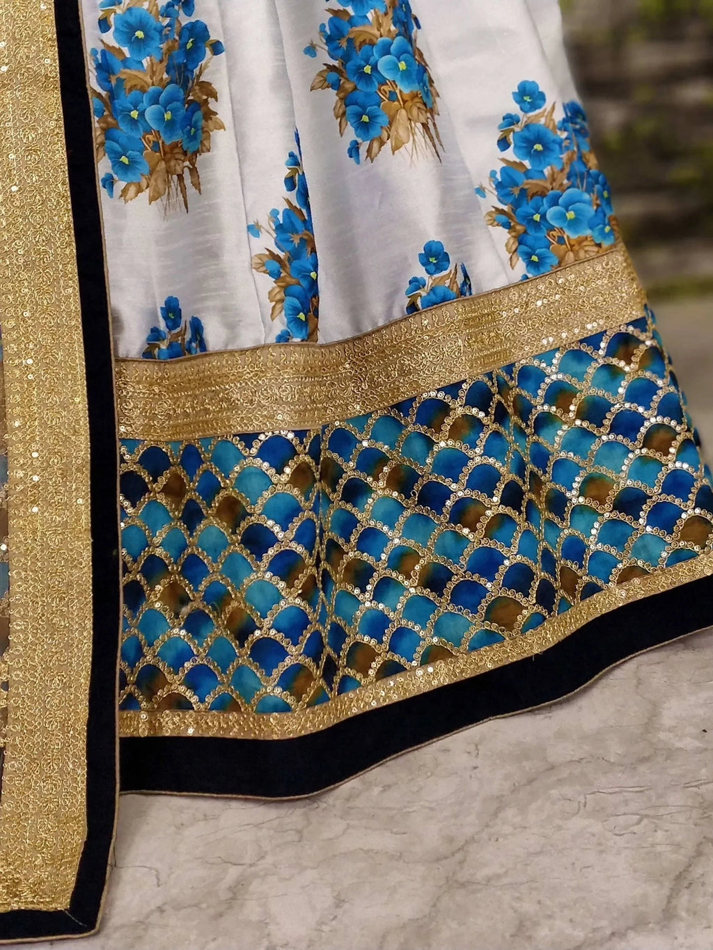 Off White & Taupe Embroidered Semi-Stitched Myntra Lehenga & Unstitched Blouse with Dupatta
