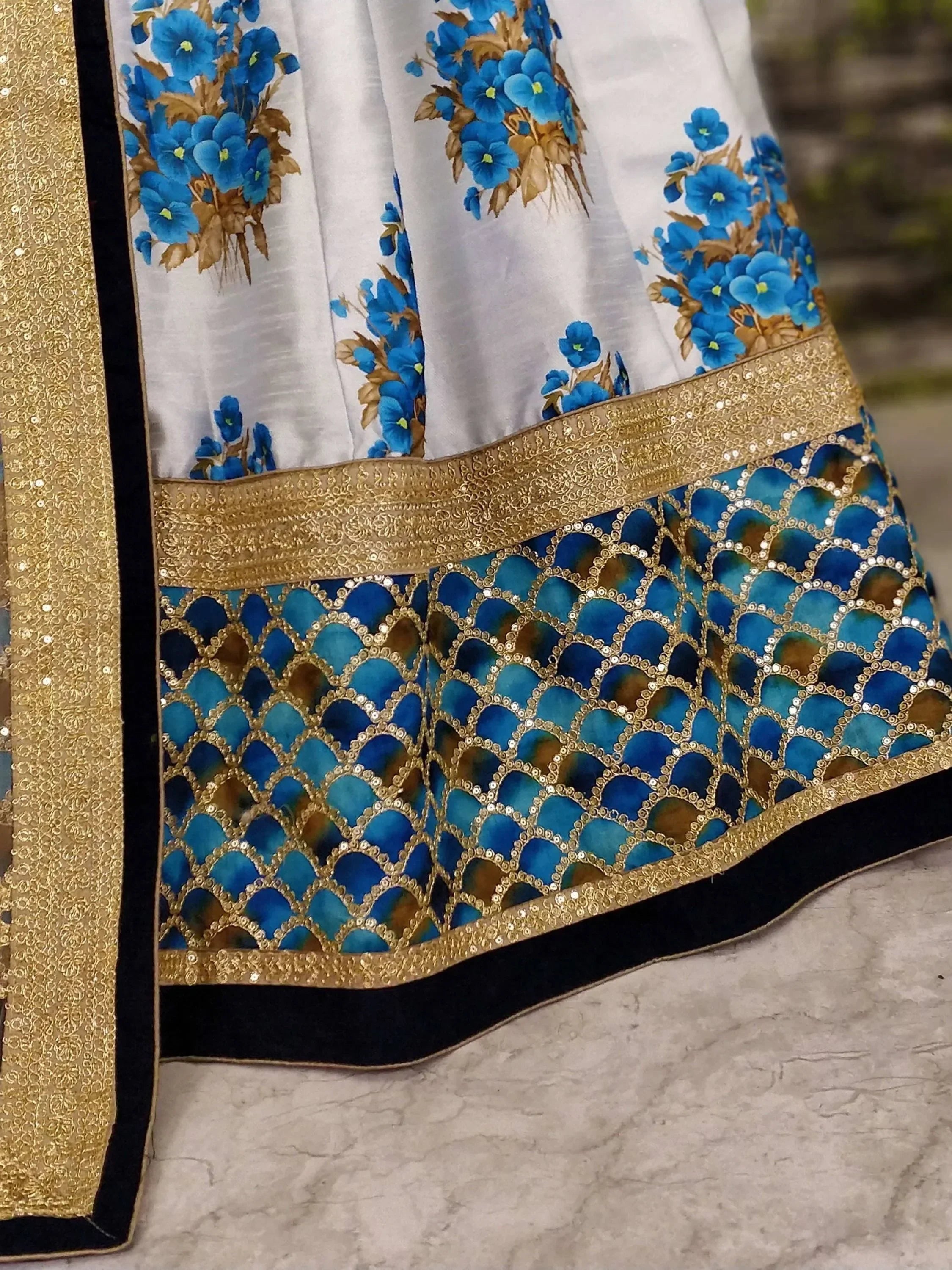 Off White & Taupe Embroidered Semi-Stitched Myntra Lehenga & Unstitched Blouse with Dupatta