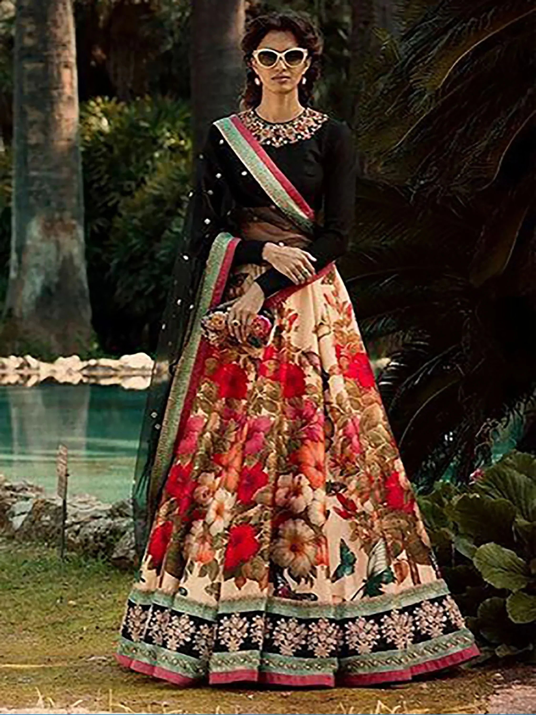 Multi Sharma Color Floral Printed Silk Wedding Lehenga Choli