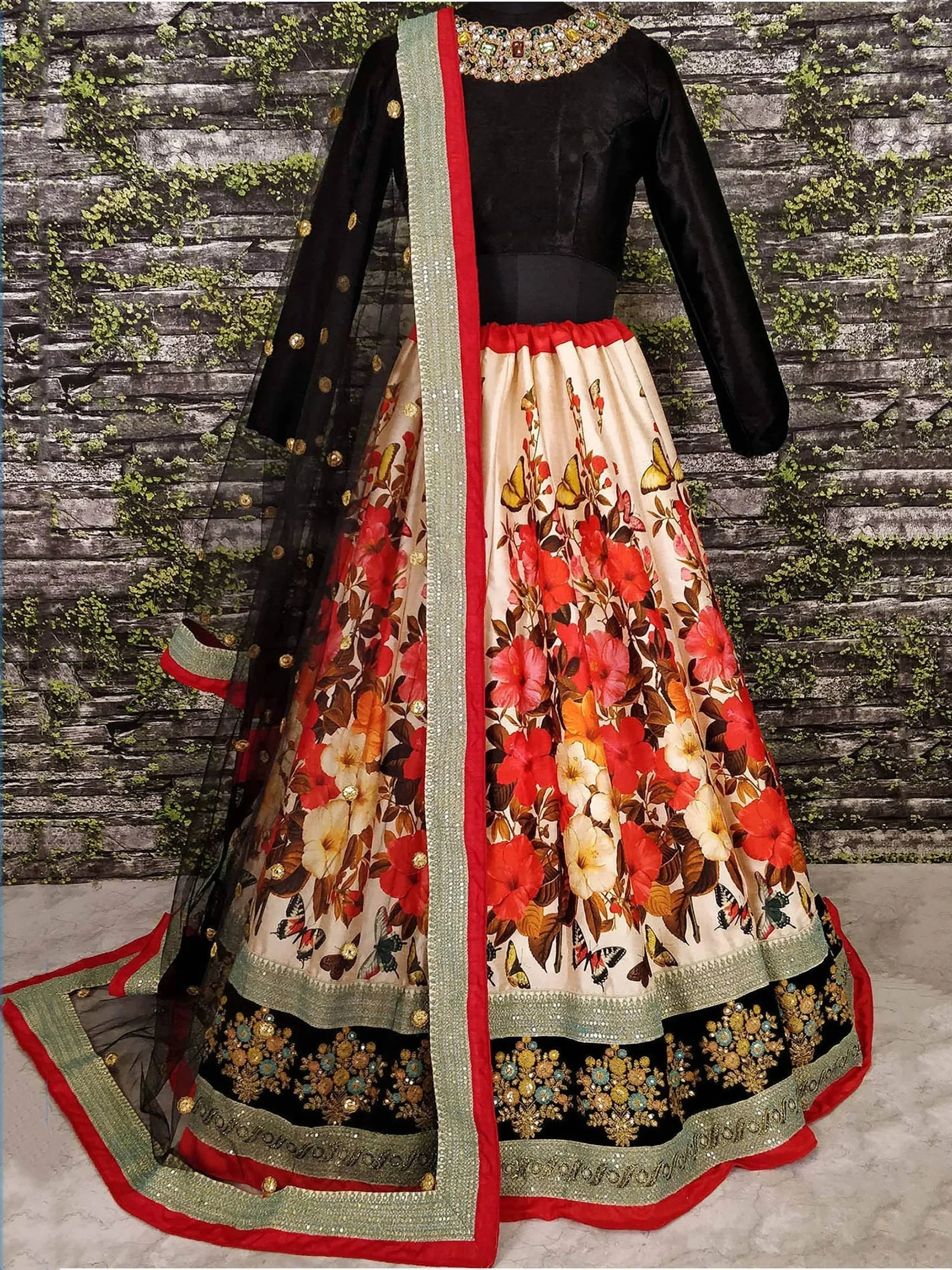 Multi Sharma Color Floral Printed Silk Wedding Lehenga Choli