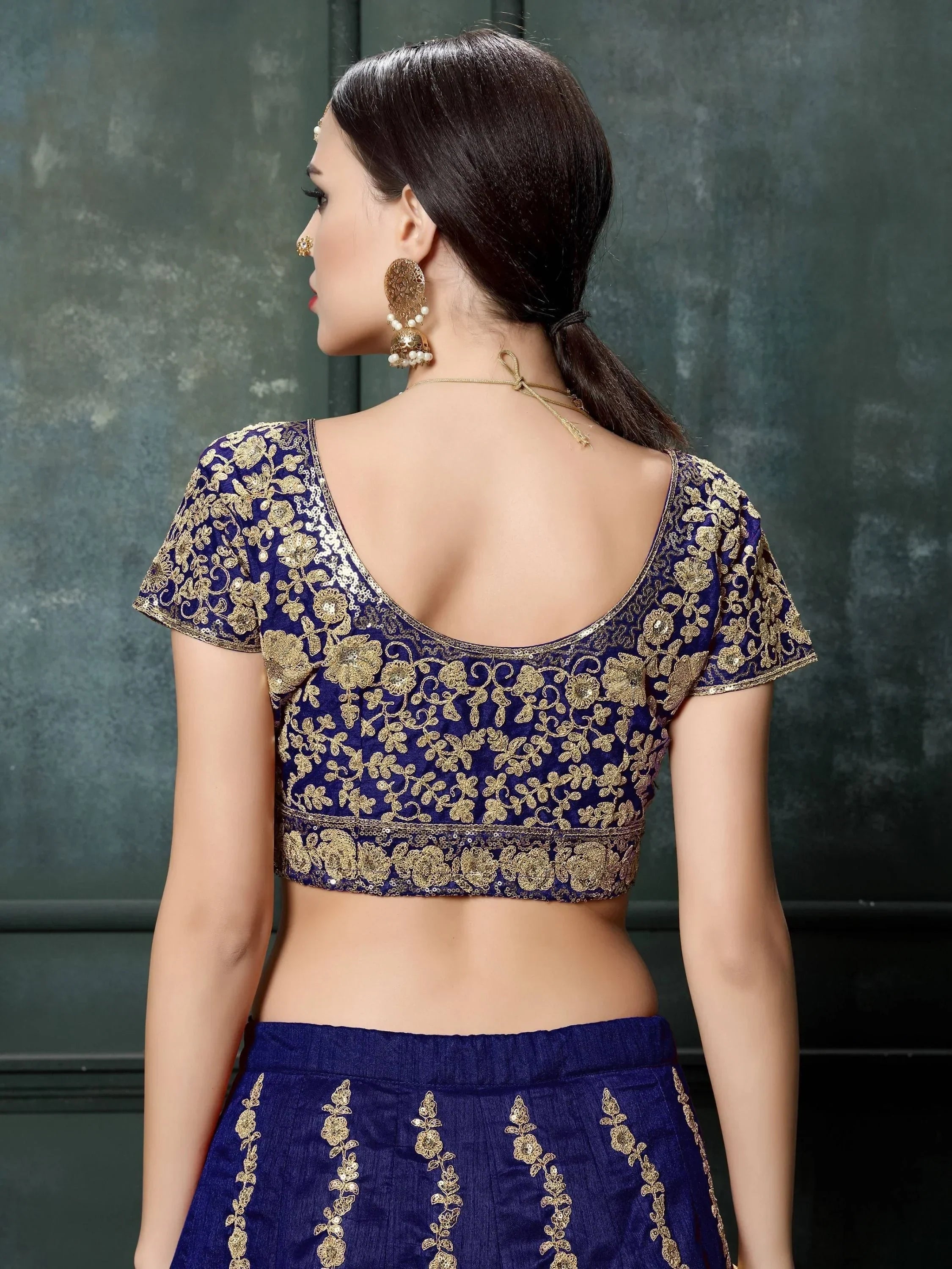 Navy & Toned Embroidered Semi-Stitched Myntra Lehenga & Unstitched Blouse with Dupatta